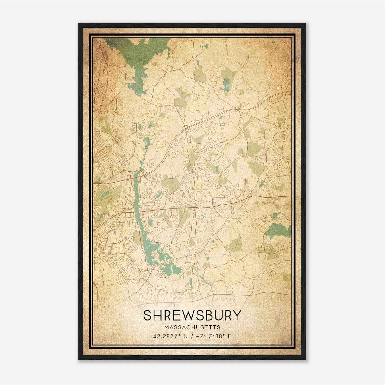 Vintage Shrewsbury Massachusetts Map Poster, Modern Home Decor Wall Art Print