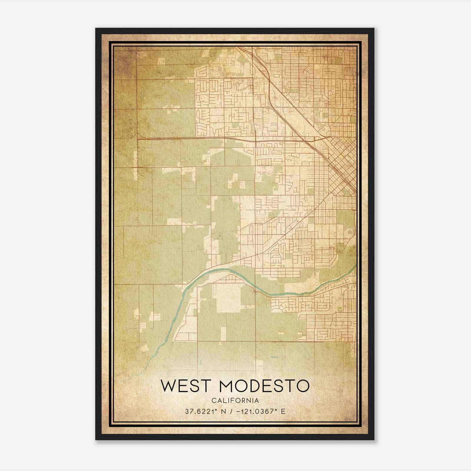 Vintage West Modesto California Map Poster, Modern Home Decor Wall Art Print