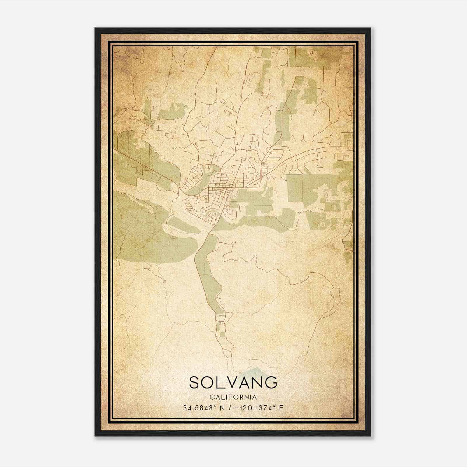 Vintage Solvang California Map Poster, Modern Home Decor Wall Art Print