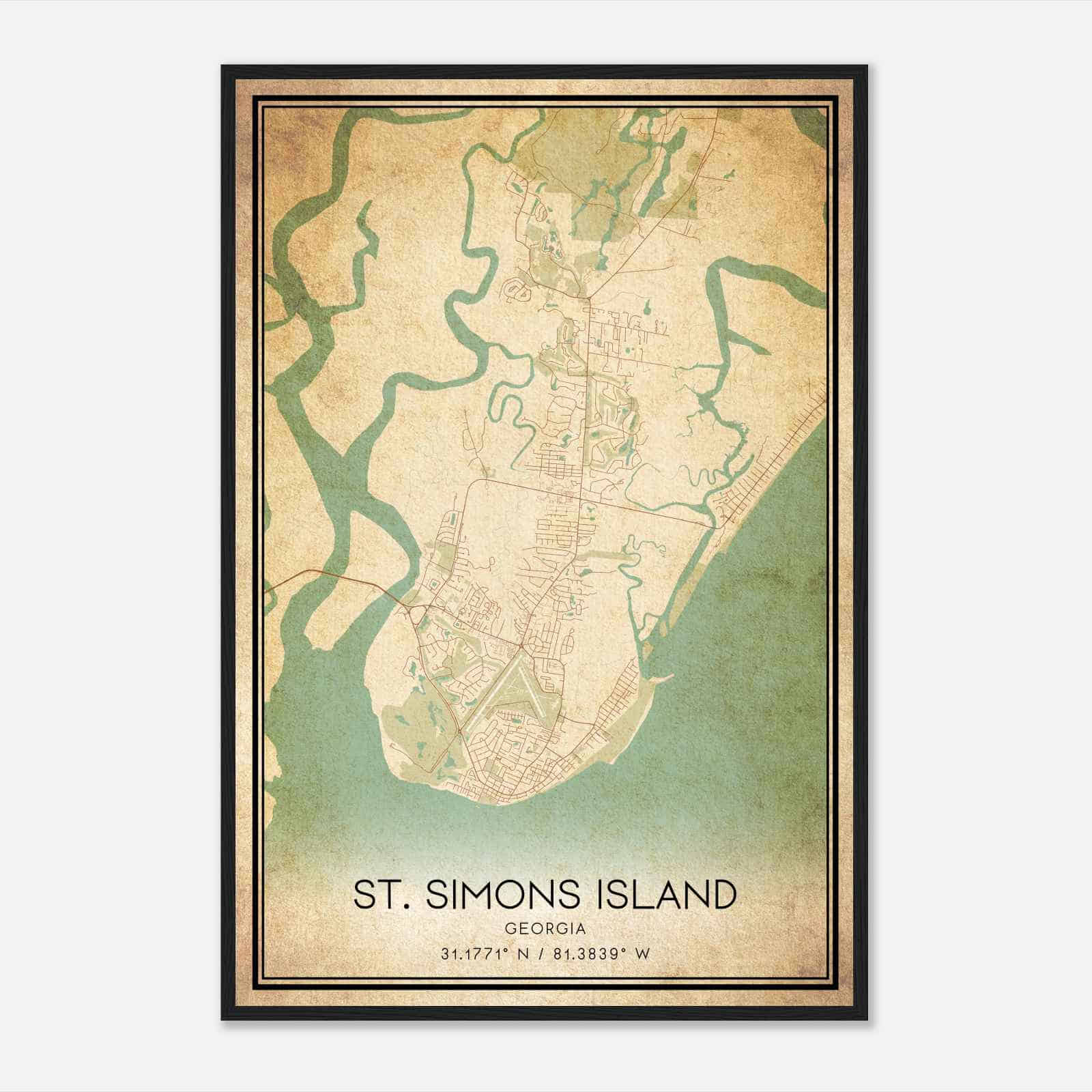 Vintage St. Simons Island Georgia Map Poster, Modern Home Decor Wall Art Print