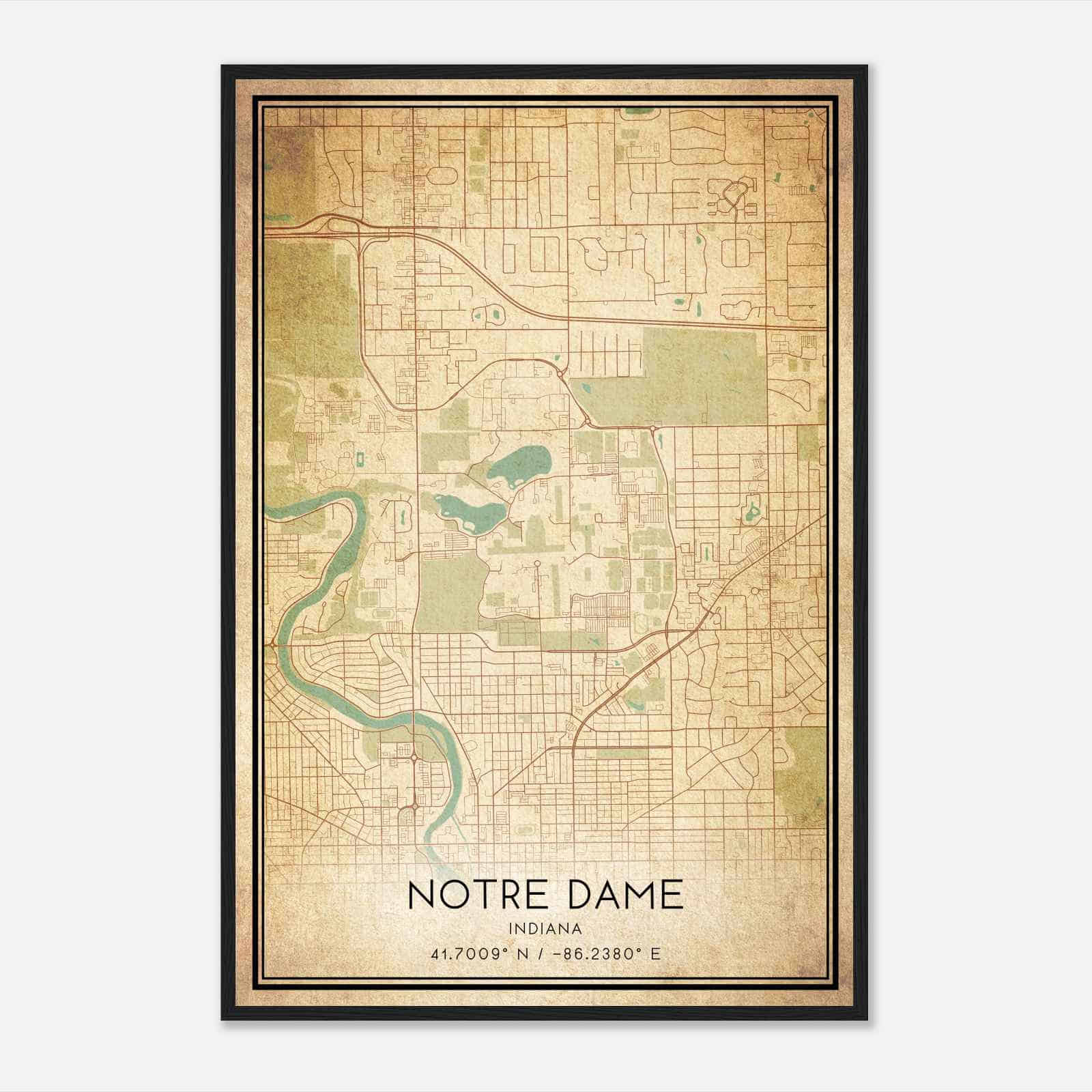 Vintage Notre Dame Indiana Map Poster, Modern Home Decor Wall Art Print