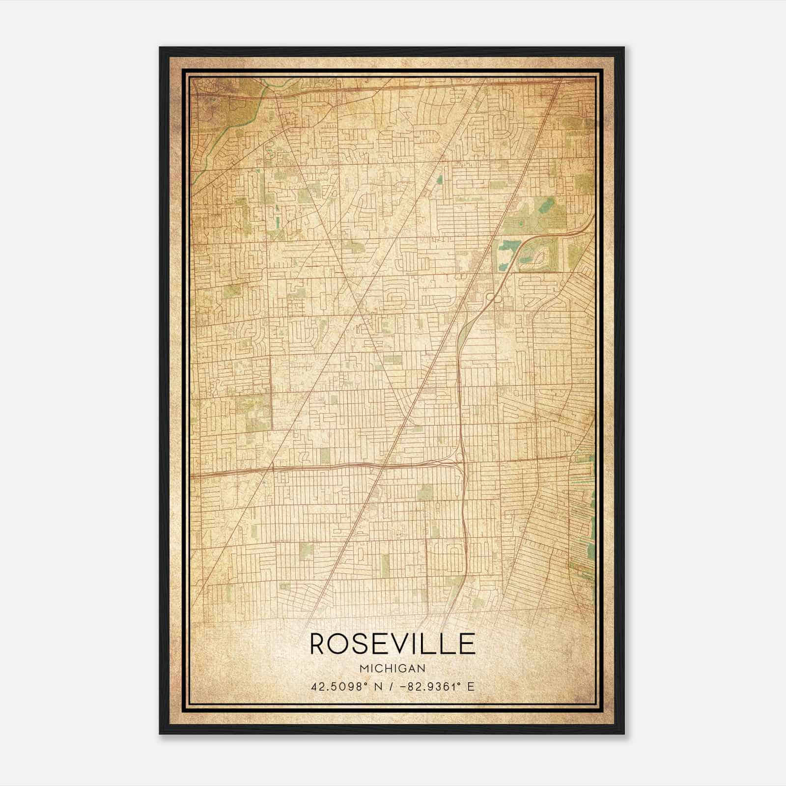 Vintage Roseville Michigan Map Poster, Modern Home Decor Wall Art Print