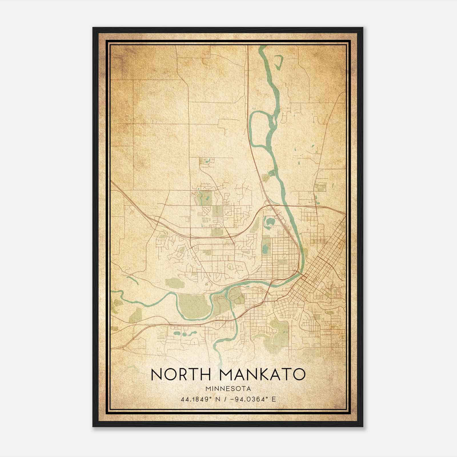 Vintage North Mankato Minnesota Map Poster, Modern Home Decor Wall Art Print