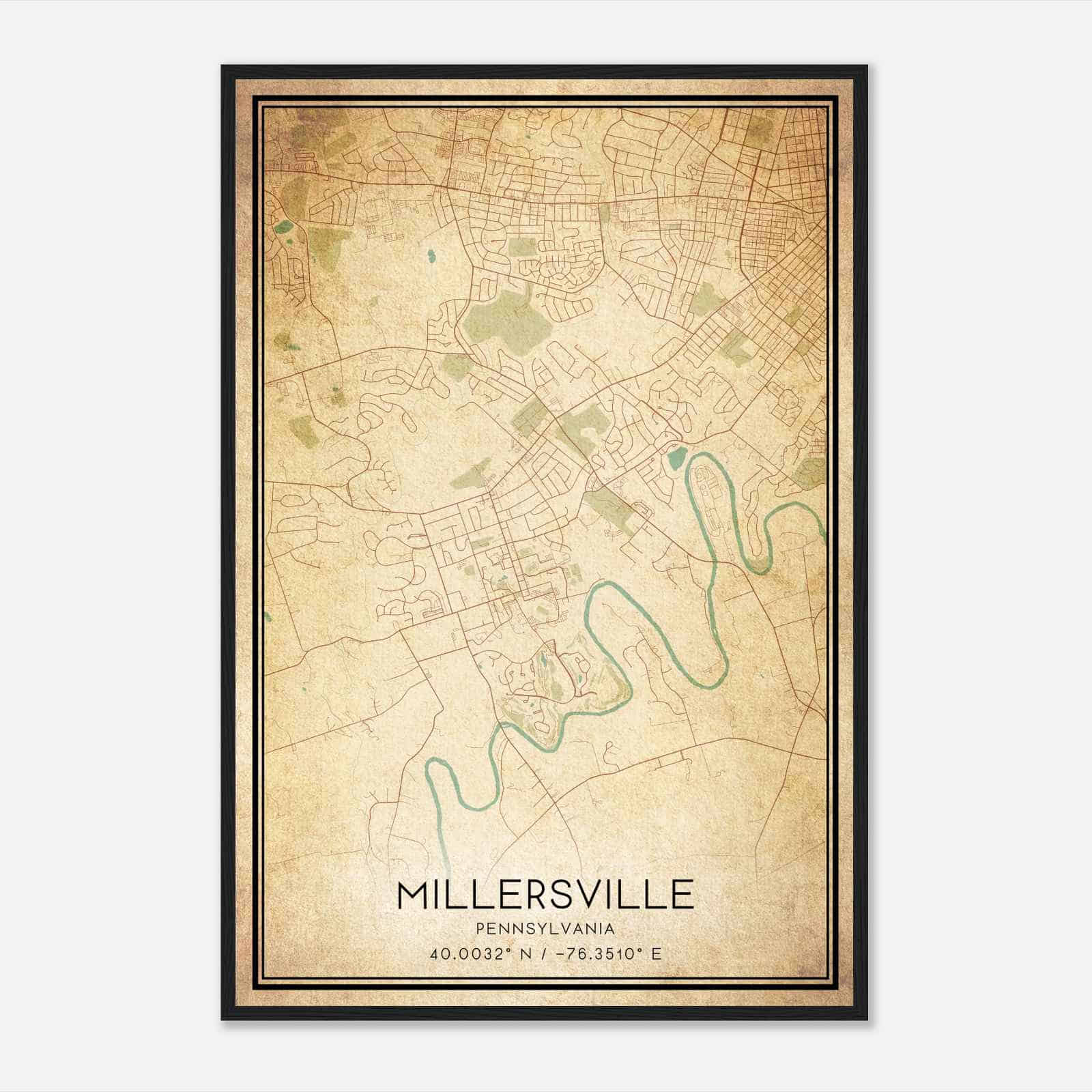 Vintage Millersville Pennsylvania Map Poster, Modern Home Decor Wall Art Print