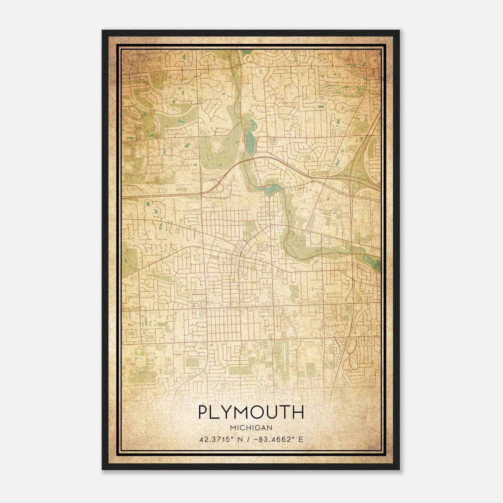 Vintage Plymouth Michigan Map Poster, Modern Home Decor Wall Art Print