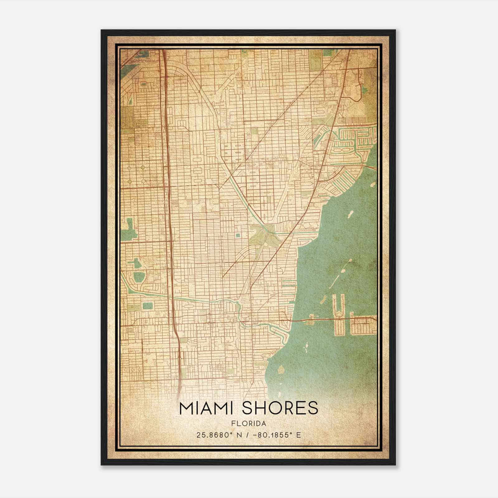 Vintage Miami Shores Florida Map Poster, Modern Home Decor Wall Art Print