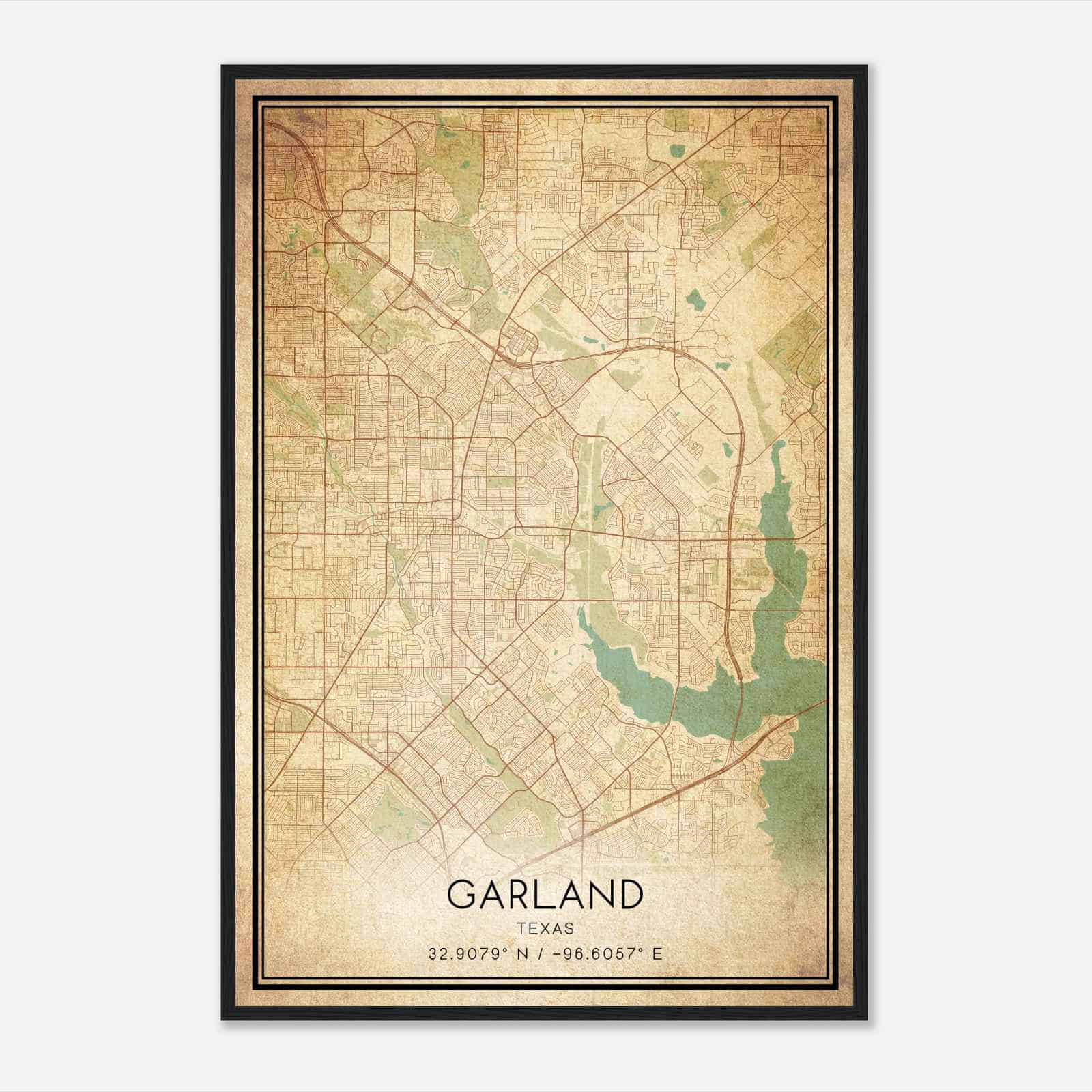 Vintage Garland Texas Map Poster, Modern Home Decor Wall Art Print