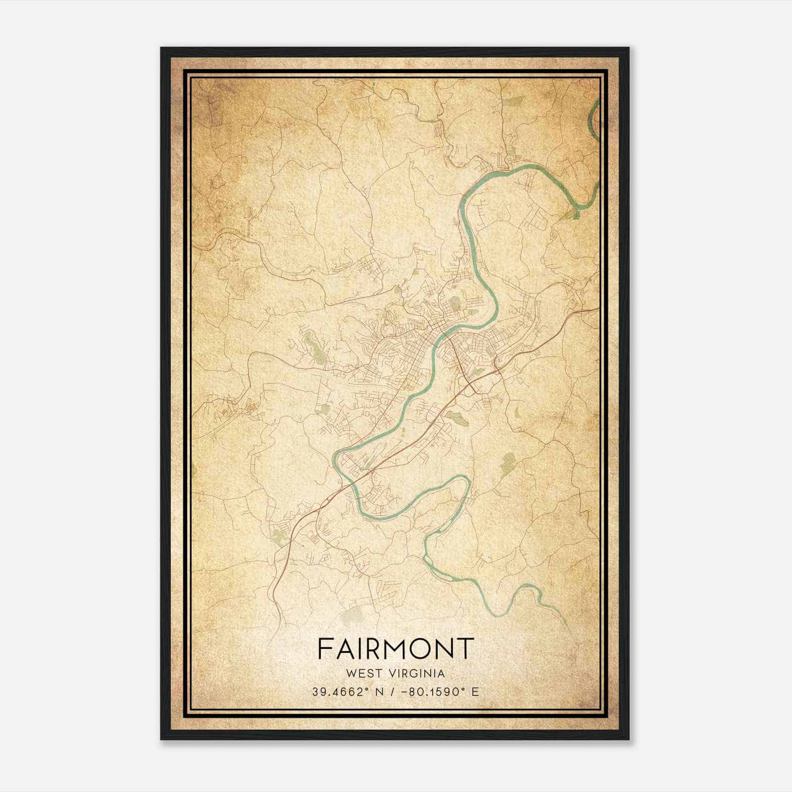 Vintage Fairmont West Virginia Map Poster, Modern Home Decor Wall Art Print