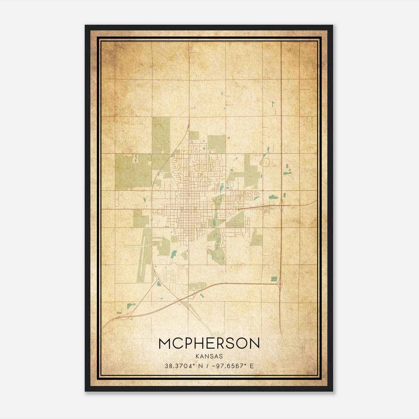 Vintage Mcpherson Kansas Map Poster, Modern Home Decor Wall Art Print