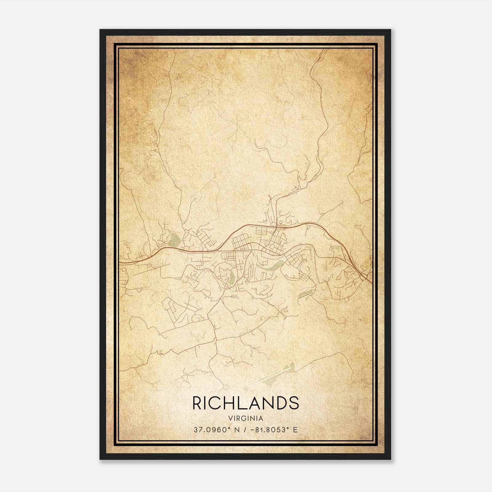 Vintage Richlands Virginia Map Poster, Modern Home Decor Wall Art Print
