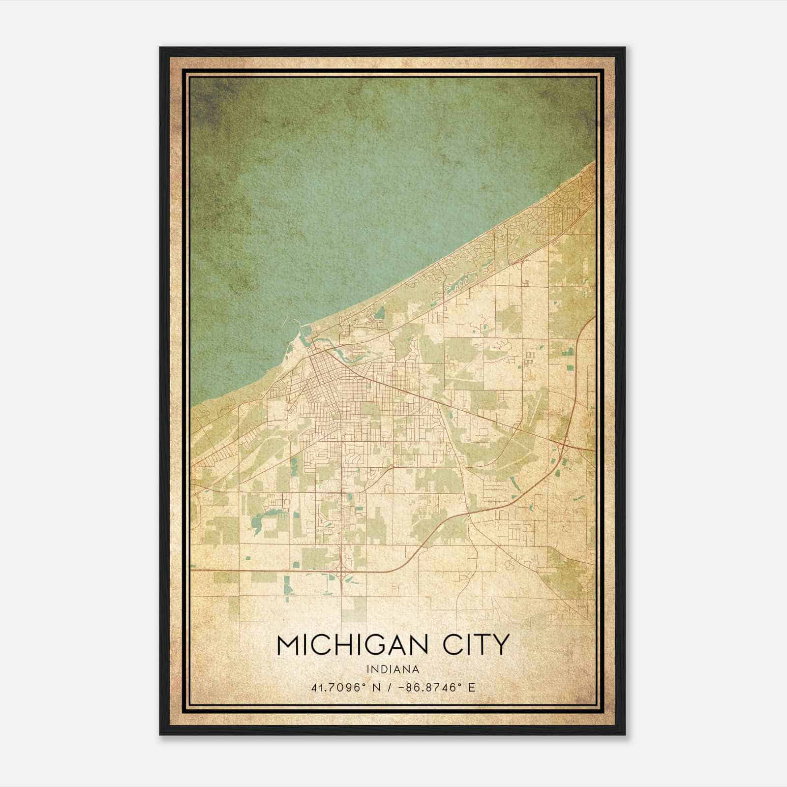 Vintage Michigan City Indiana Map Poster, Modern Home Decor Wall Art Print