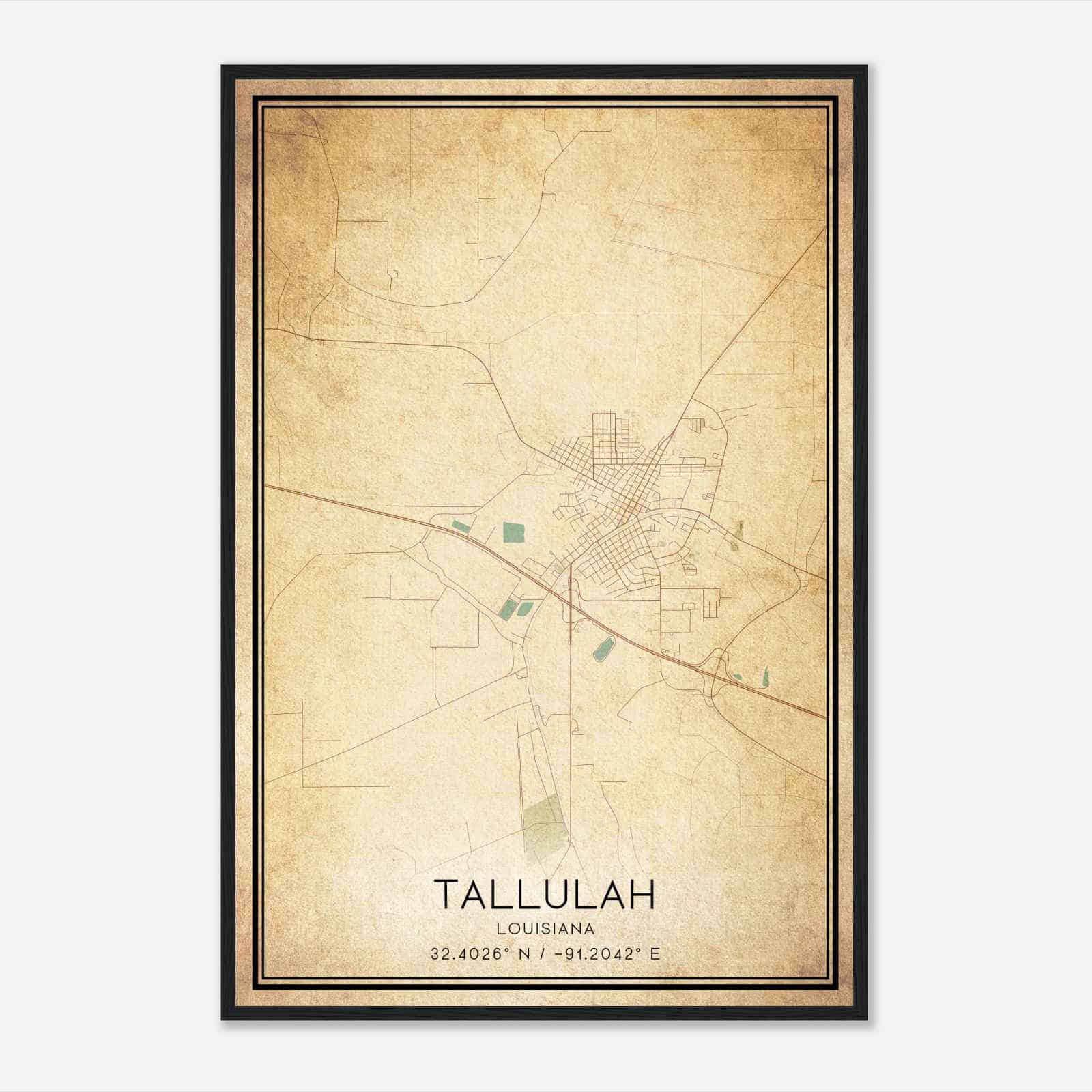 Vintage Tallulah Louisiana Map Poster, Modern Home Decor Wall Art Print