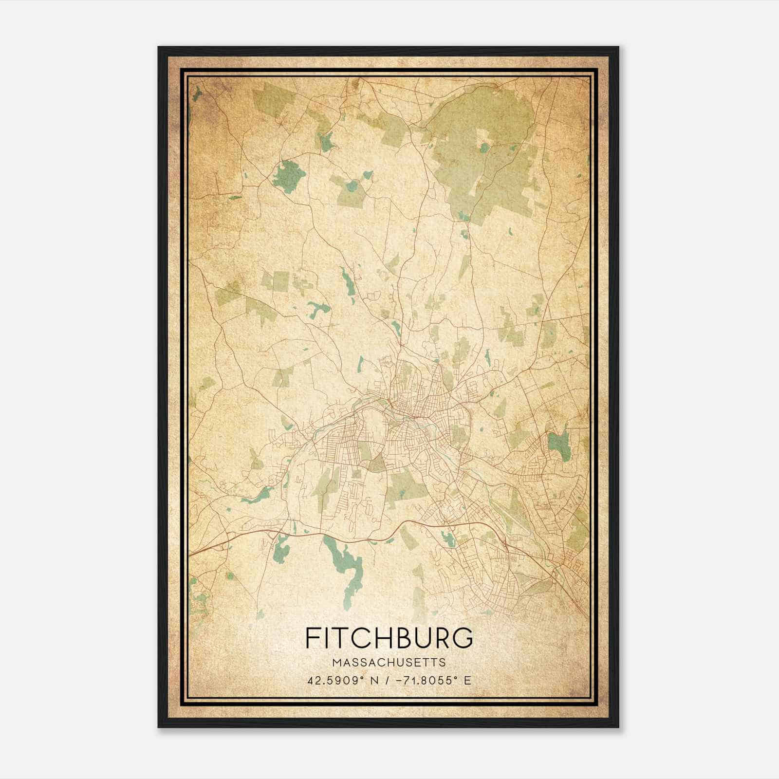 Vintage Fitchburg Massachusetts Map Poster, Modern Home Decor Wall Art Print