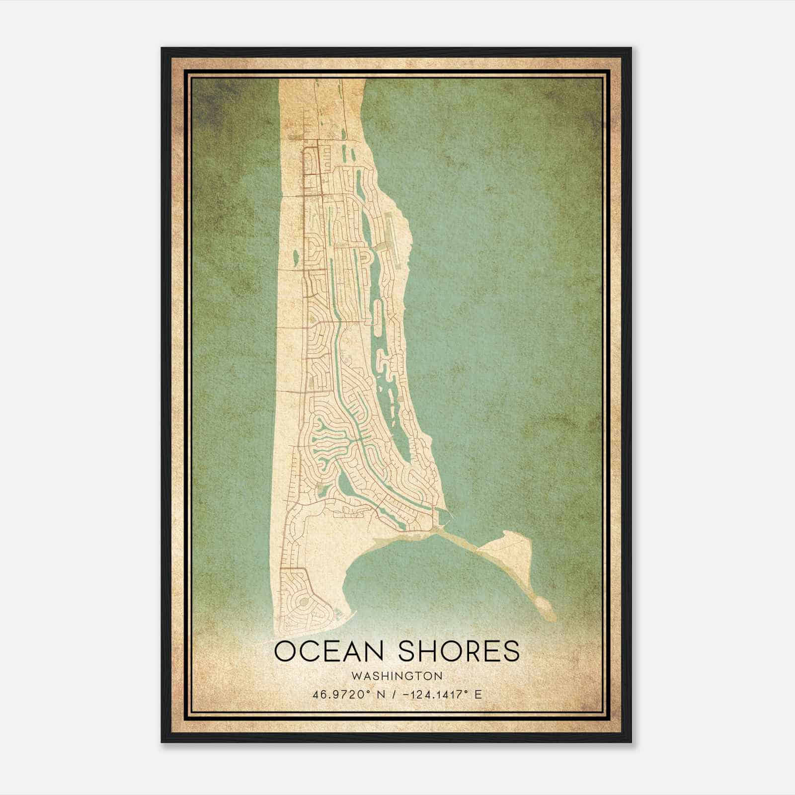 Vintage Ocean Shores Washington Map Poster, Modern Home Decor Wall Art Print
