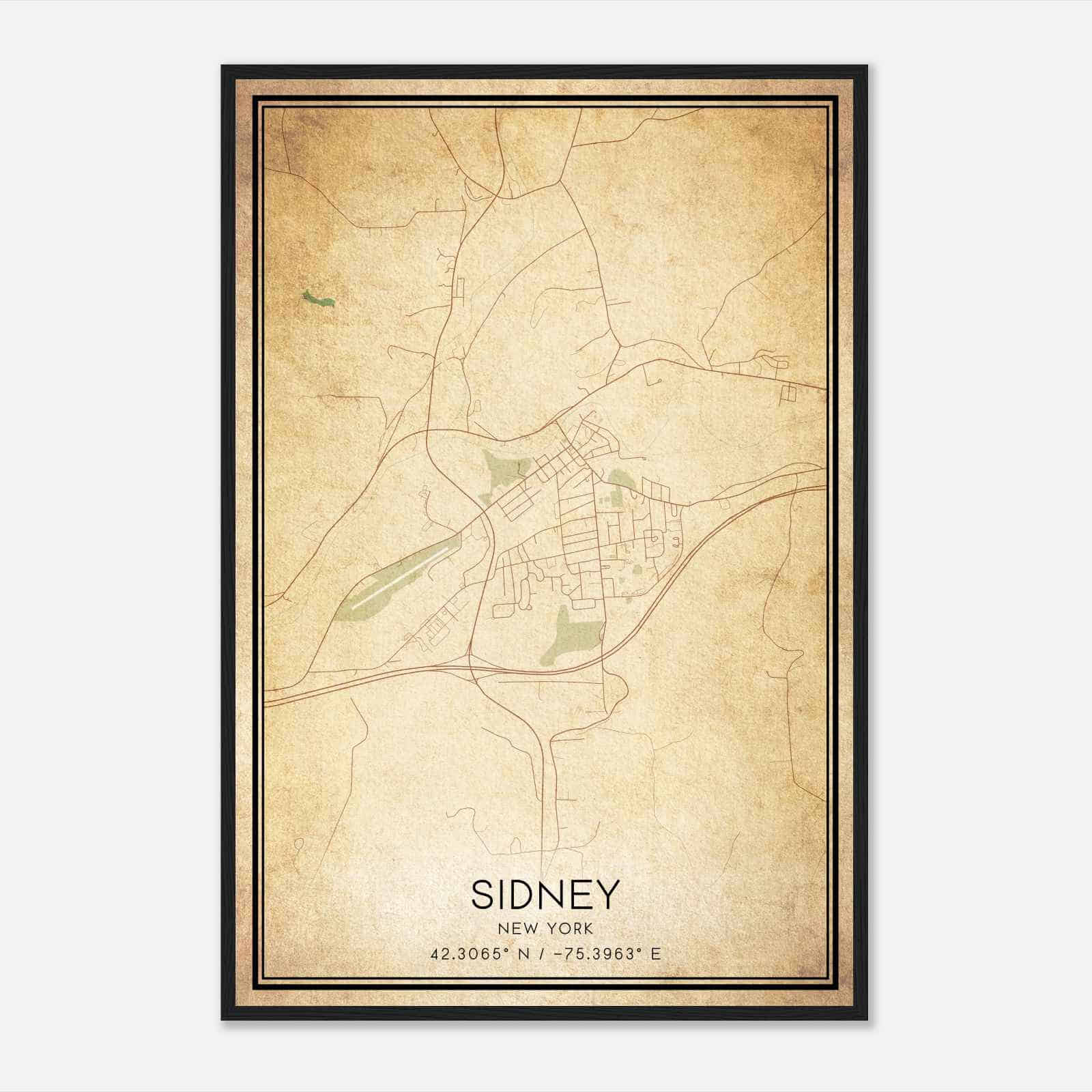 Vintage Sidney New York Map Poster, Modern Home Decor Wall Art Print