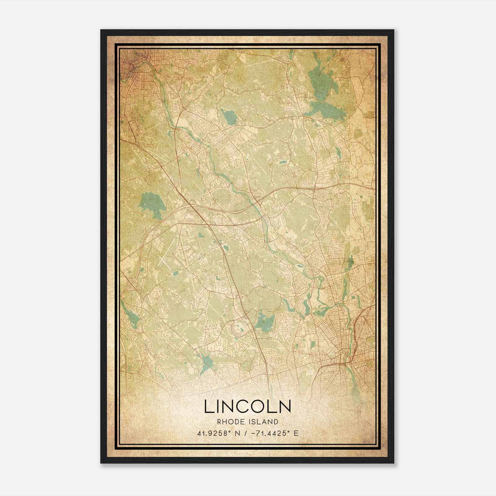 Vintage Lincoln Rhode Island Map Poster, Modern Home Decor Wall Art Print