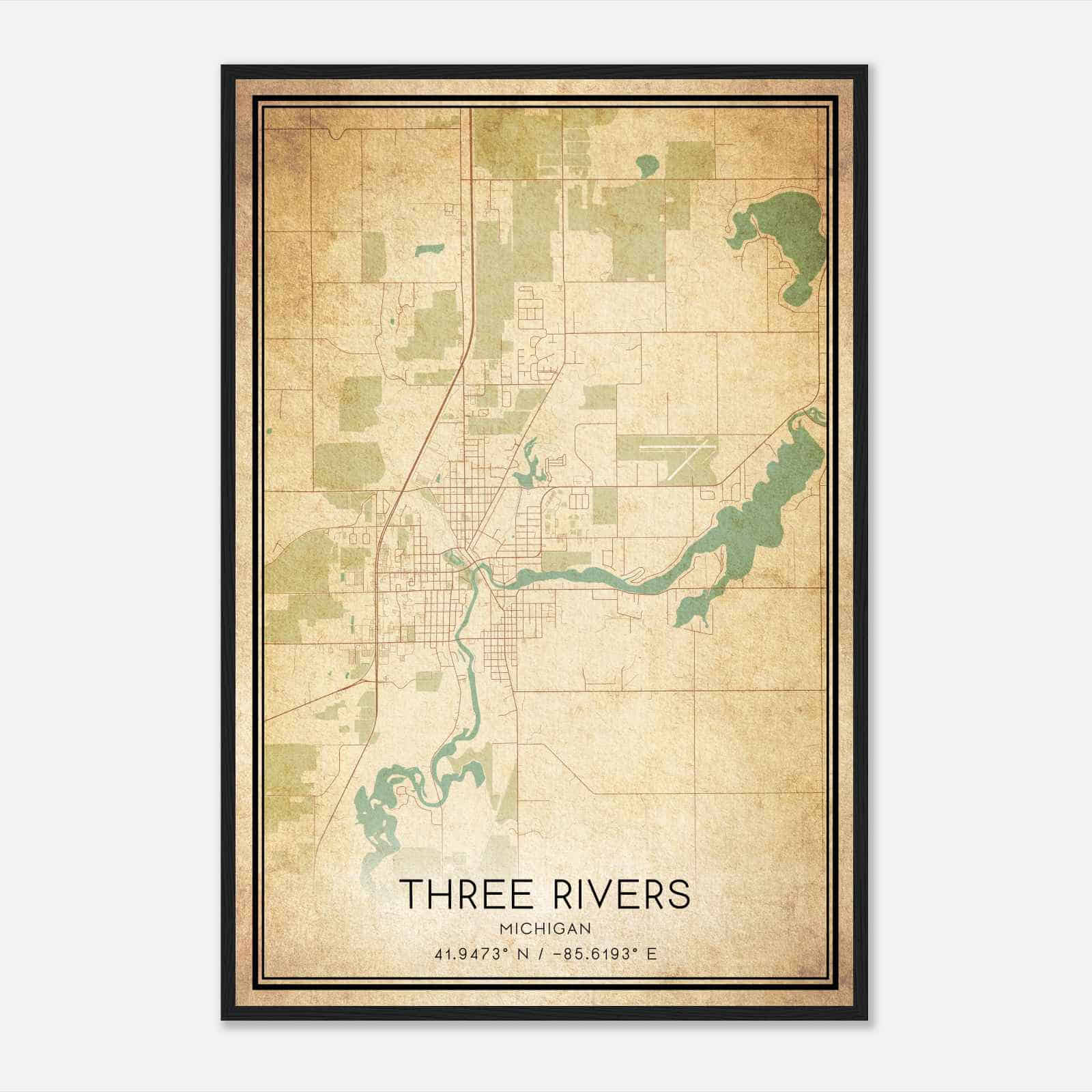 Vintage Three Rivers Michigan Map Poster, Modern Home Decor Wall Art Print