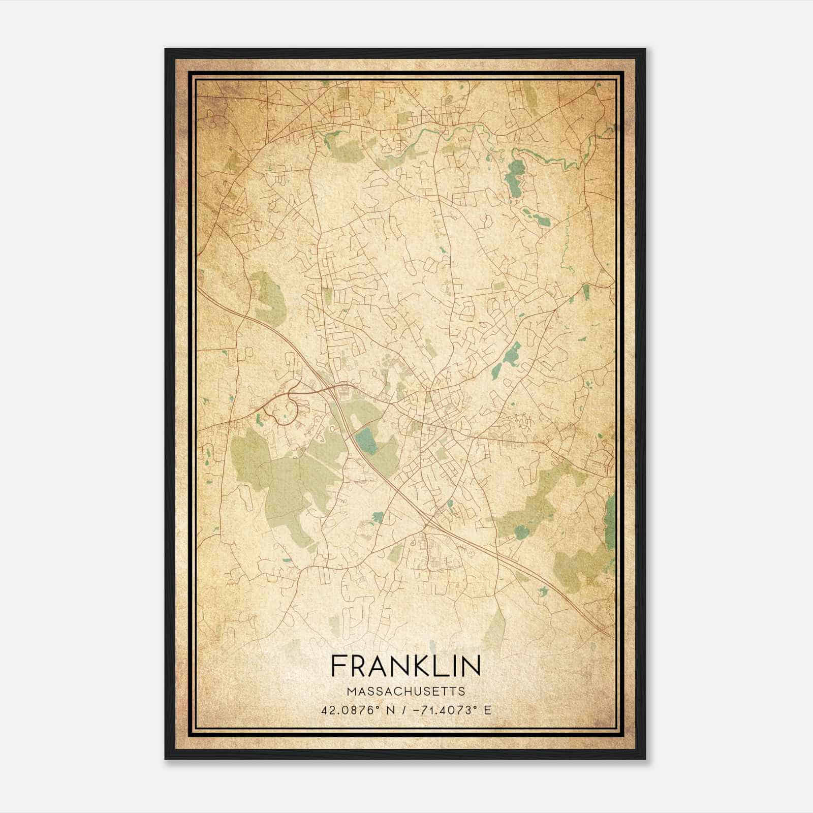 Vintage Franklin Massachusetts Map Poster, Modern Home Decor Wall Art Print