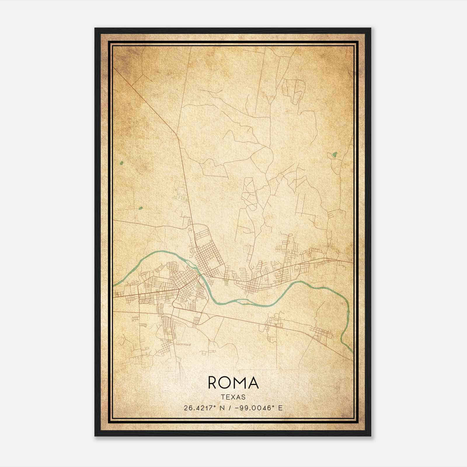 Vintage Roma Texas Map Poster, Modern Home Decor Wall Art Print