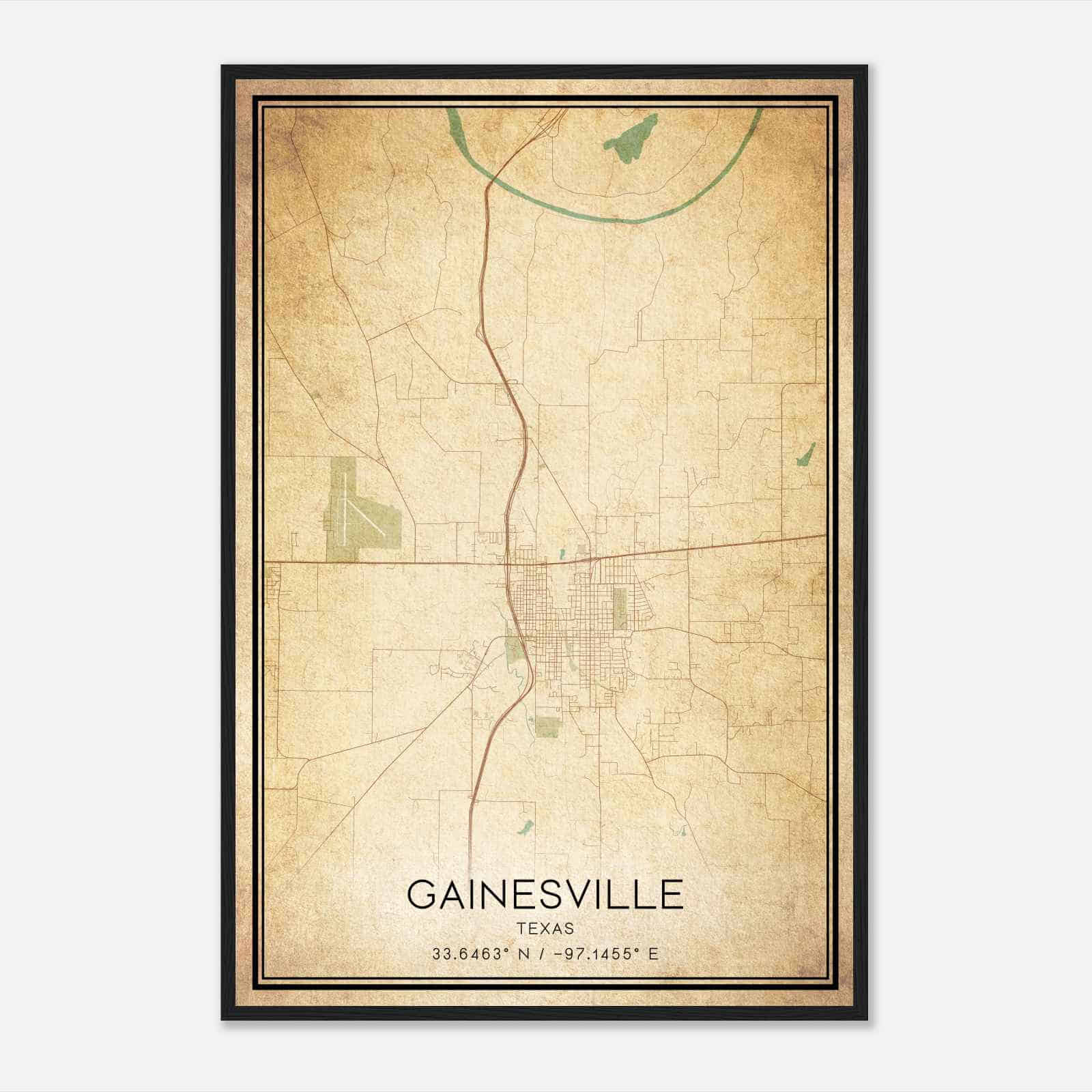 Vintage Gainesville Texas Map Poster, Modern Home Decor Wall Art Print