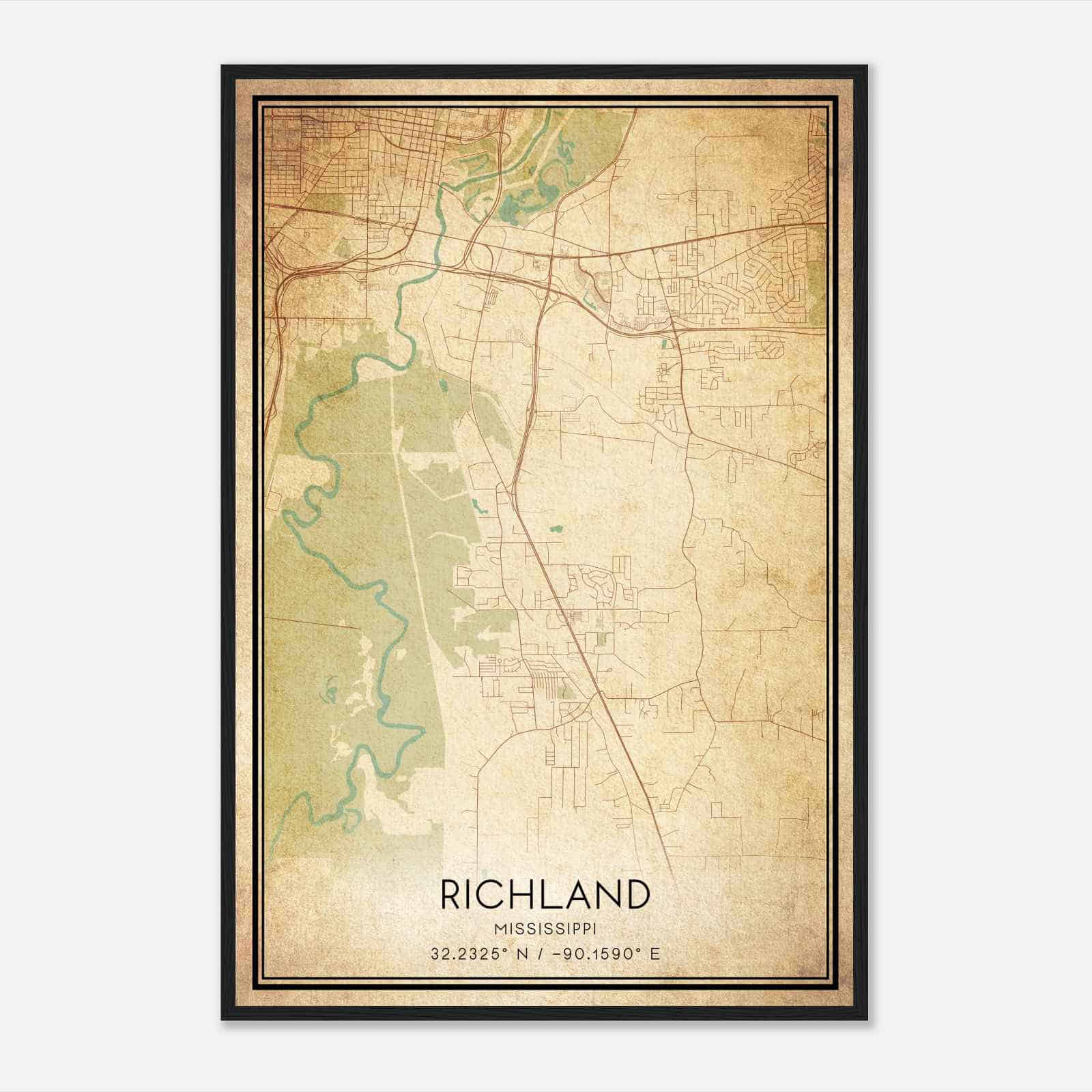 Vintage Richland Mississippi Map Poster, Modern Home Decor Wall Art Print