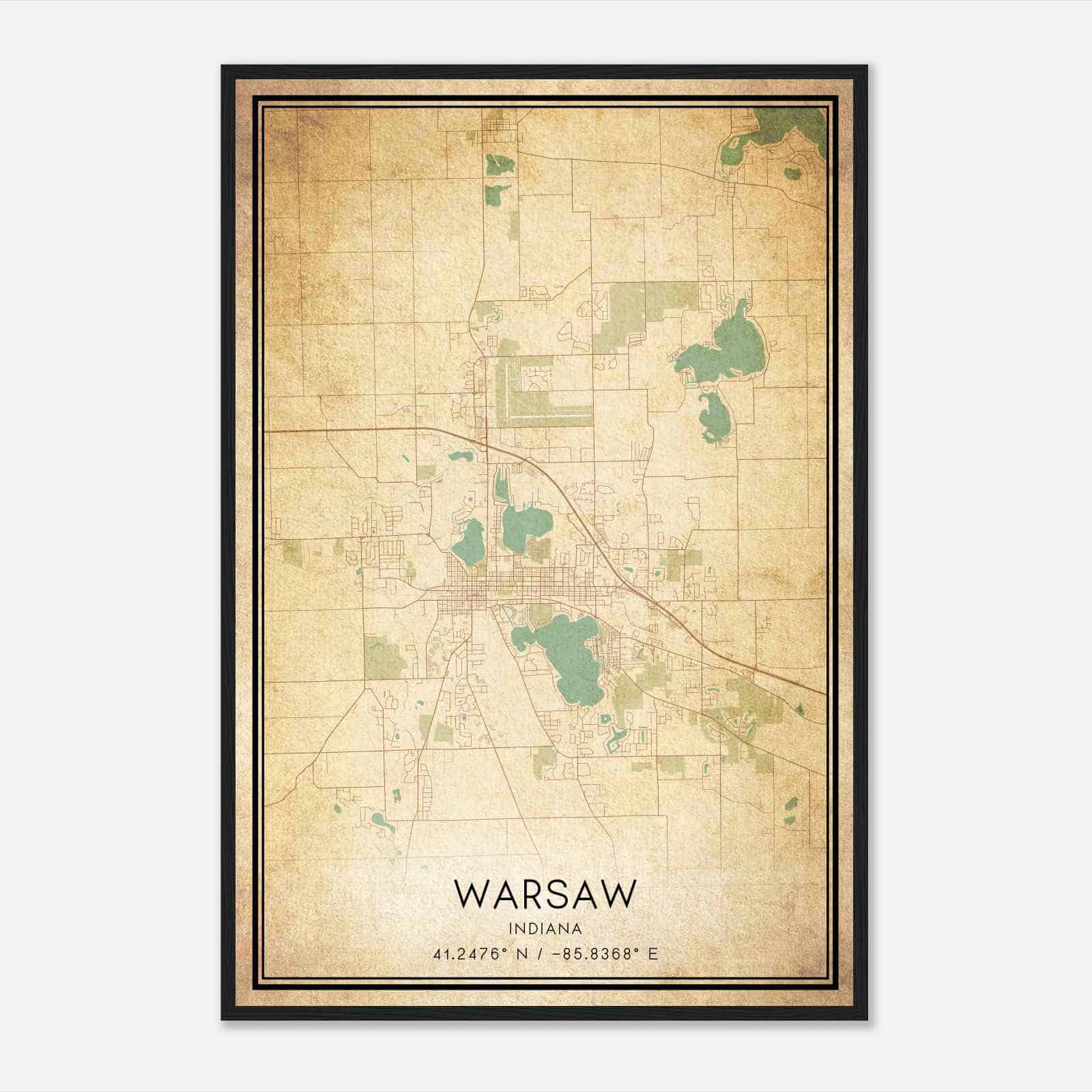 Vintage Warsaw Indiana Map Poster, Modern Home Decor Wall Art Print