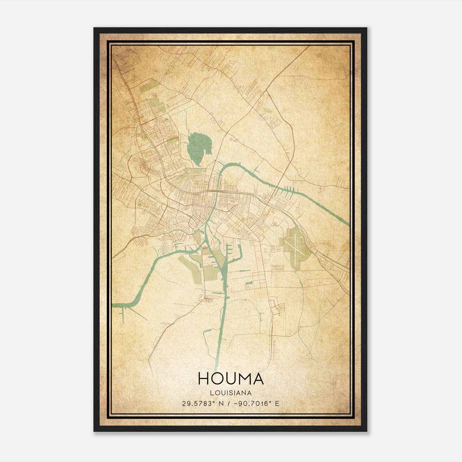 Vintage Houma Louisiana Map Poster, Modern Home Decor Wall Art Print