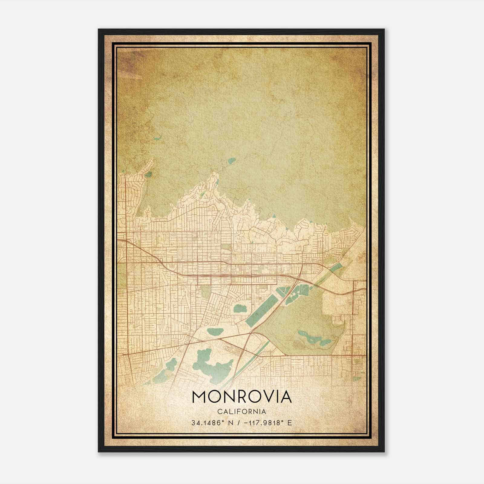 Vintage Monrovia California Map Poster, Modern Home Decor Wall Art Print