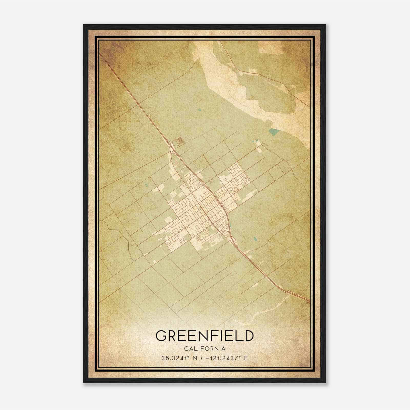 Vintage Greenfield California Map Poster, Modern Home Decor Wall Art Print