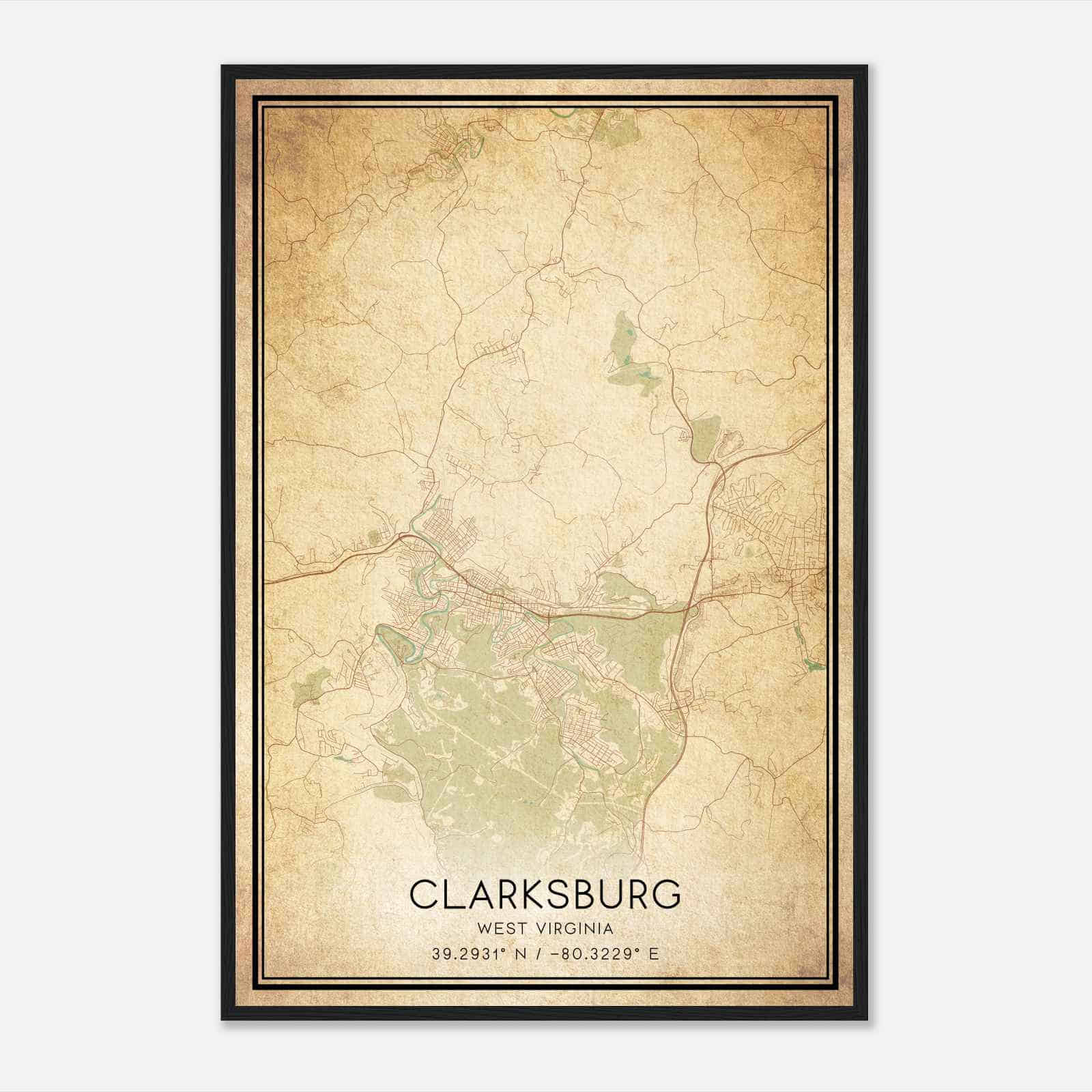Vintage Clarksburg West Virginia Map Poster, Modern Home Decor Wall Art Print