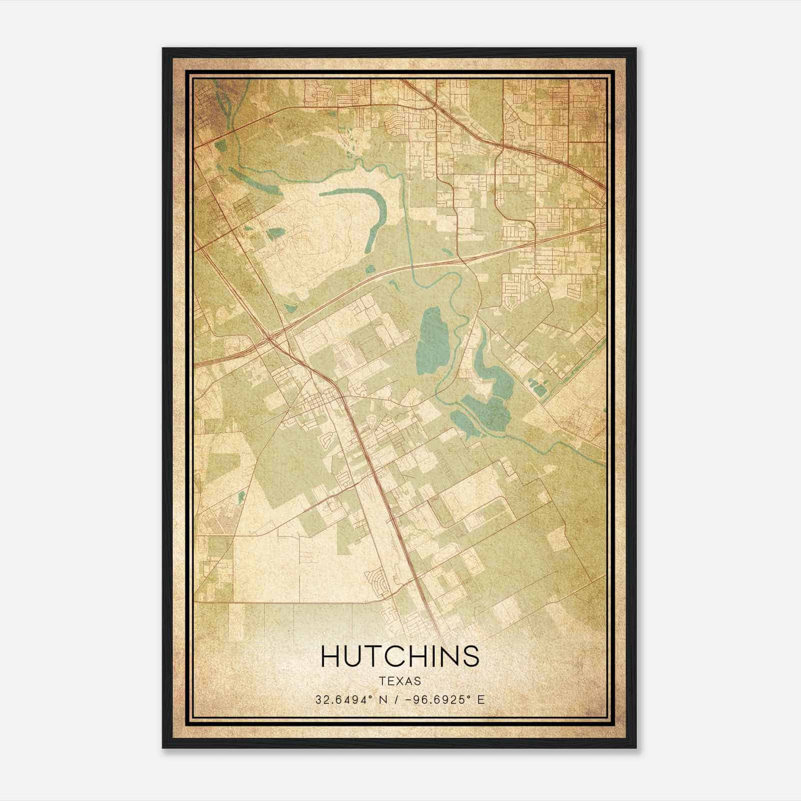 Vintage Hutchins Texas Map Poster, Modern Home Decor Wall Art Print