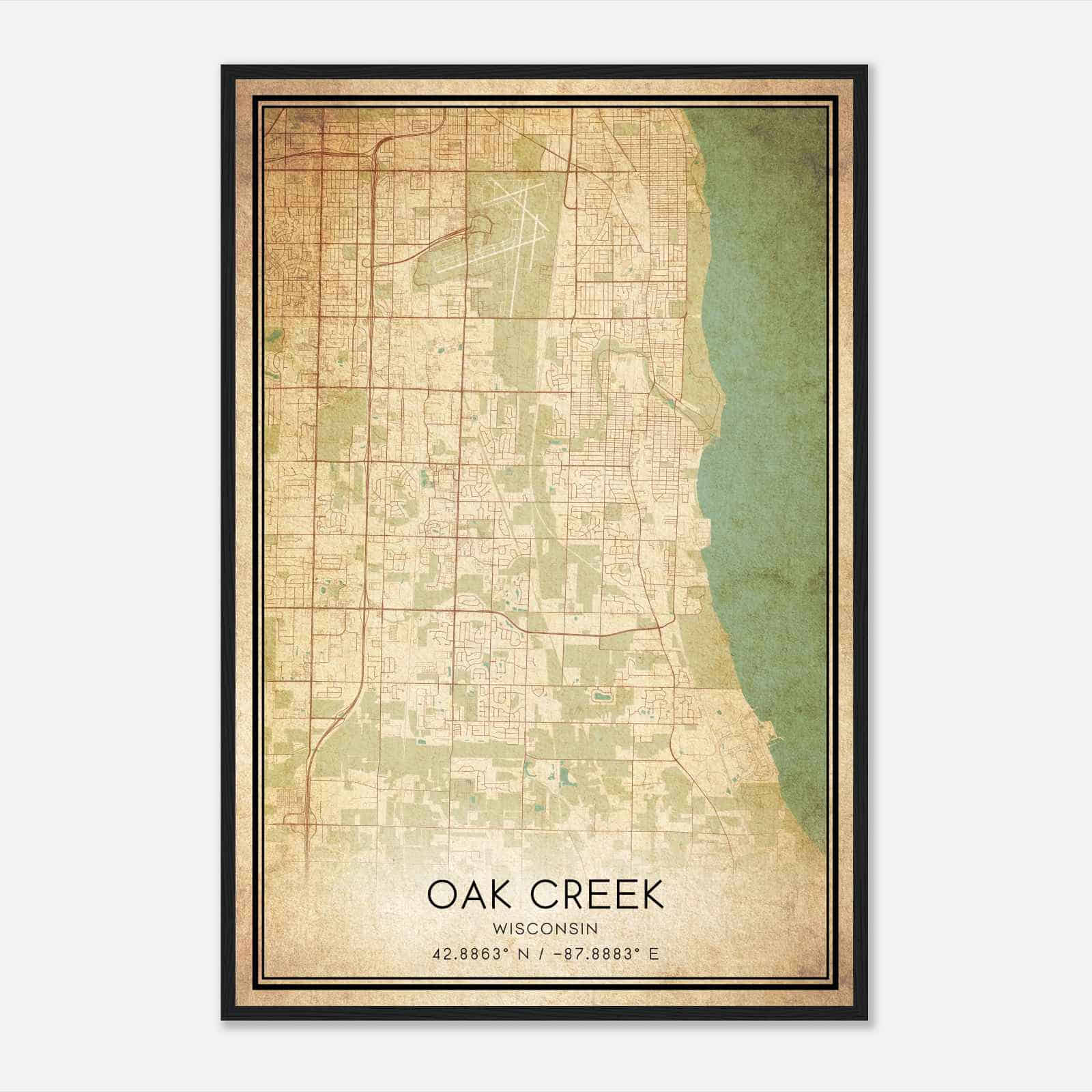 Vintage Oak Creek Wisconsin Map Poster, Modern Home Decor Wall Art Print