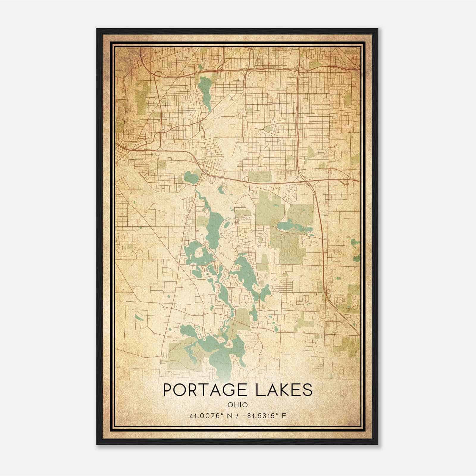 Vintage Portage Lakes Ohio Map Poster, Modern Home Decor Wall Art Print