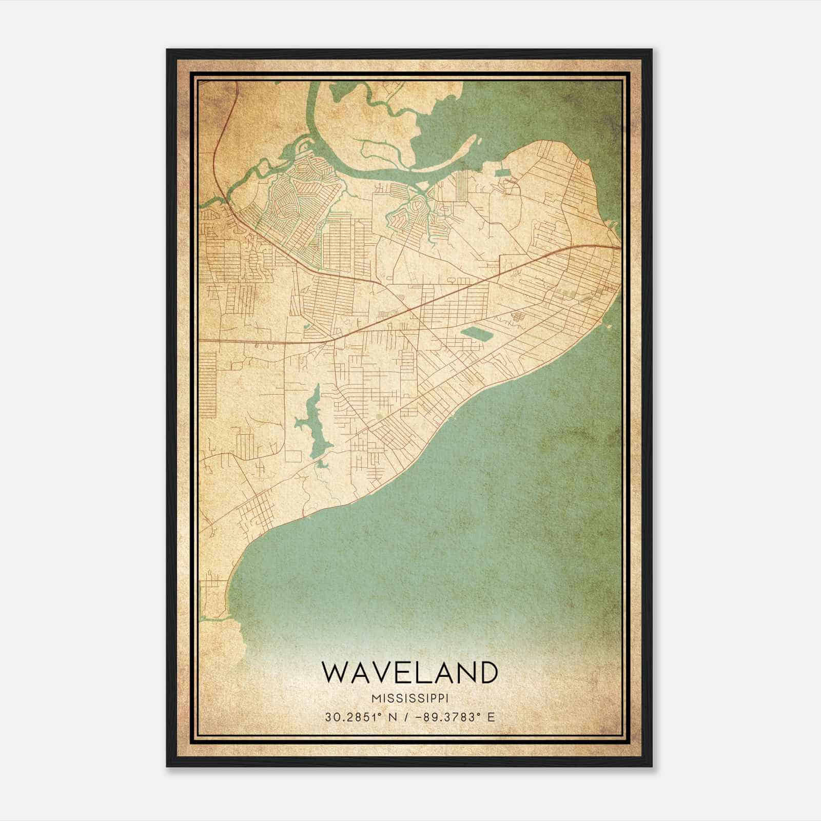 Vintage Waveland Mississippi Map Poster, Modern Home Decor Wall Art Print