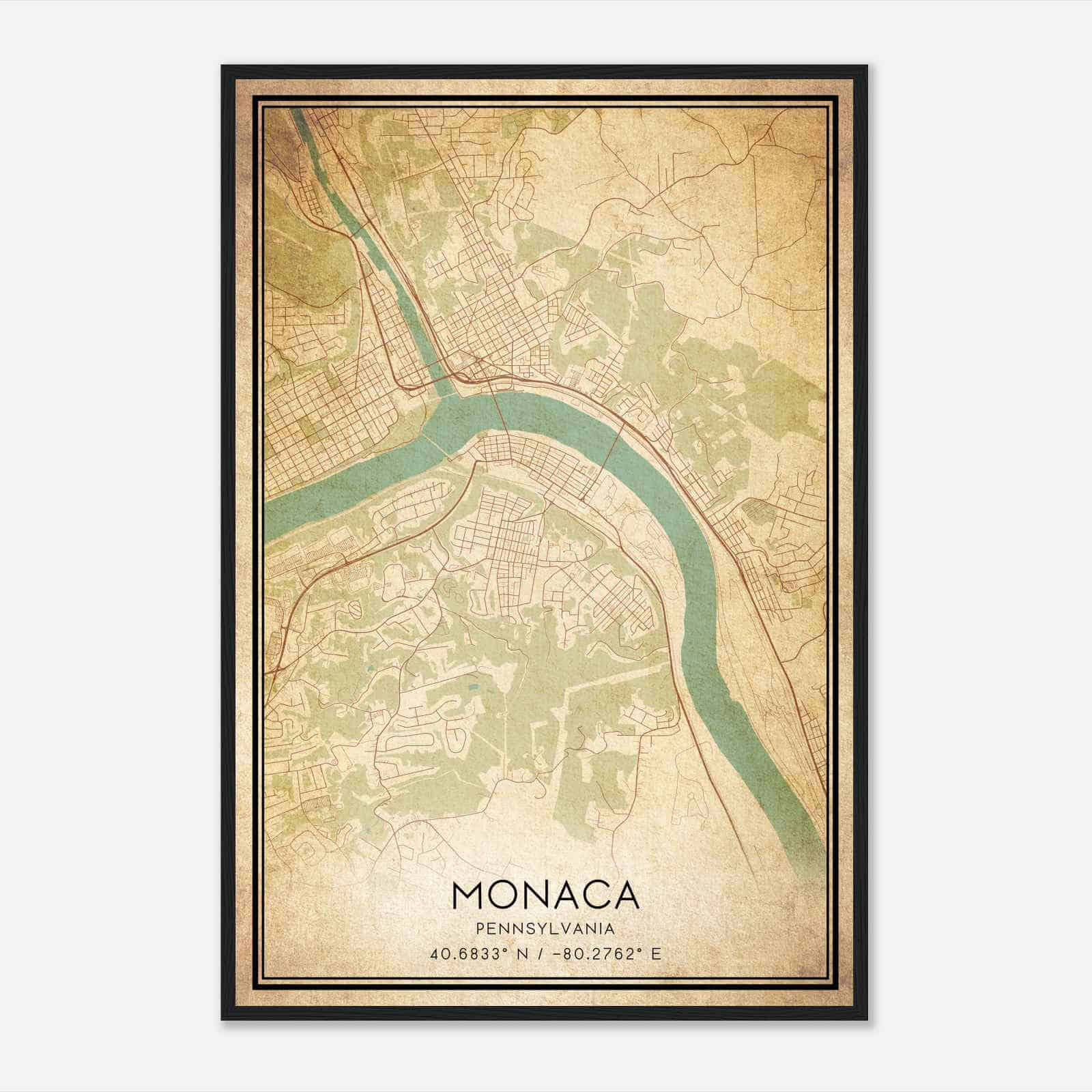 Vintage Monaca Pennsylvania Map Poster, Modern Home Decor Wall Art Print