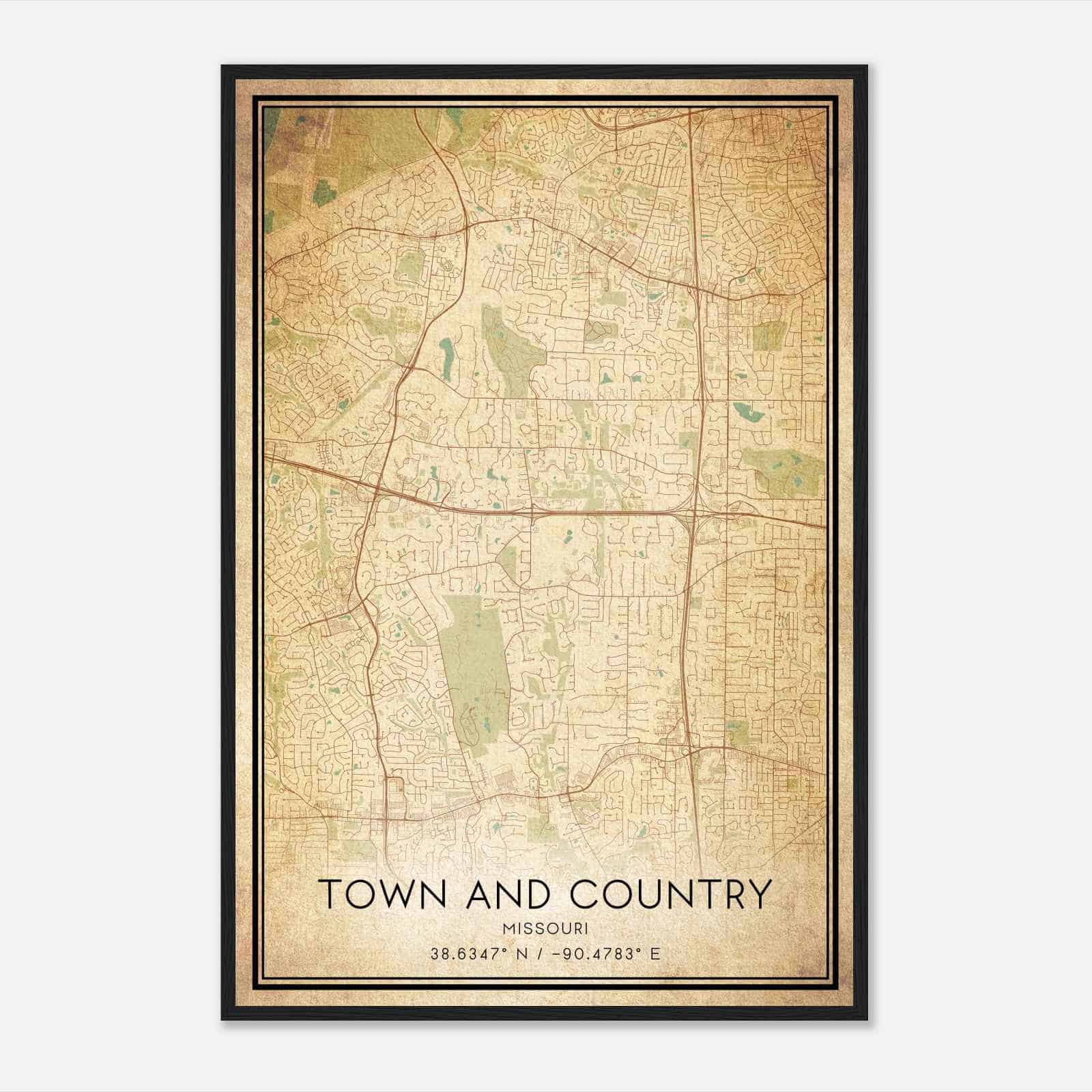 Vintage Town And Country Missouri Map Poster, Modern Home Decor Wall Art Print