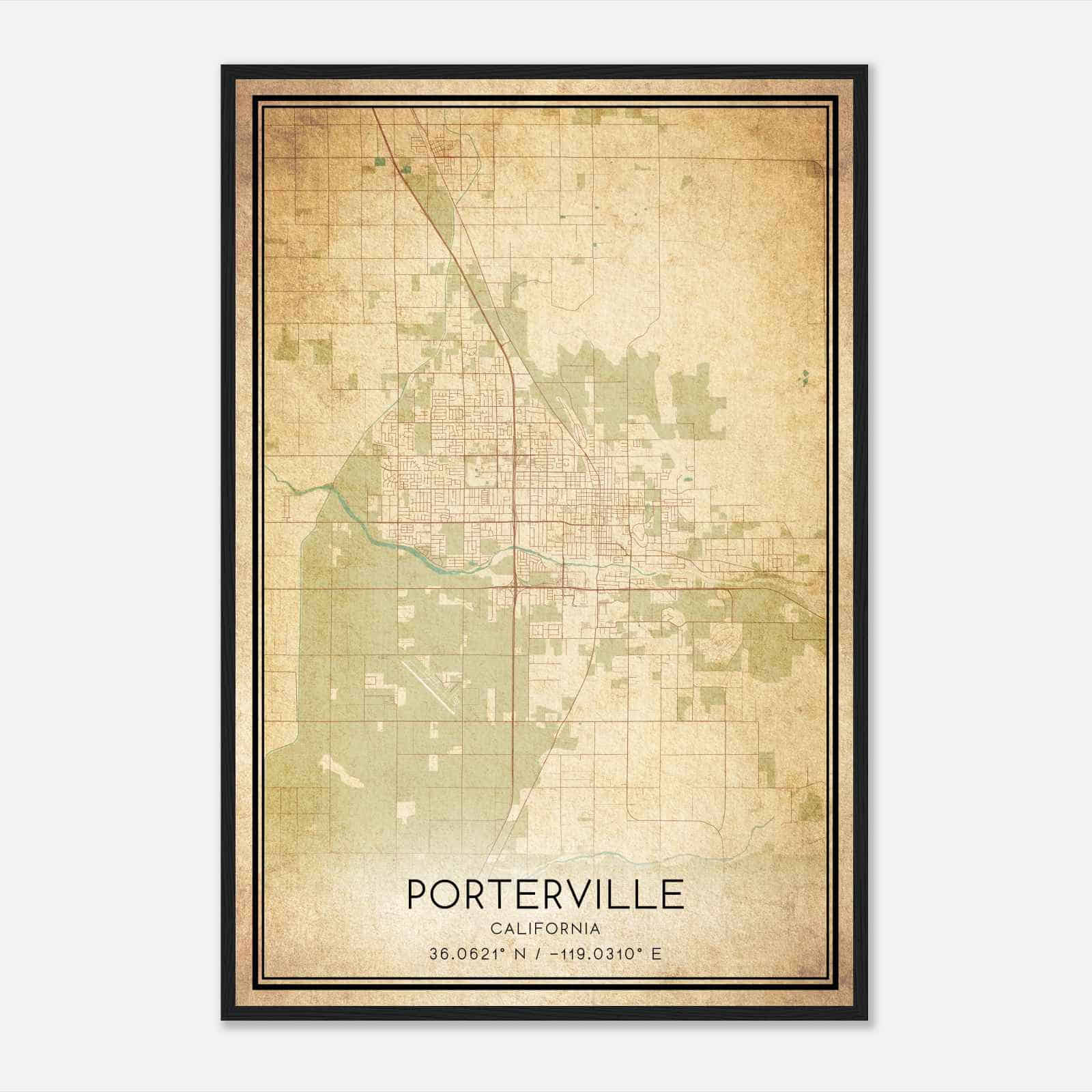 Vintage Porterville California Map Poster, Modern Home Decor Wall Art Print