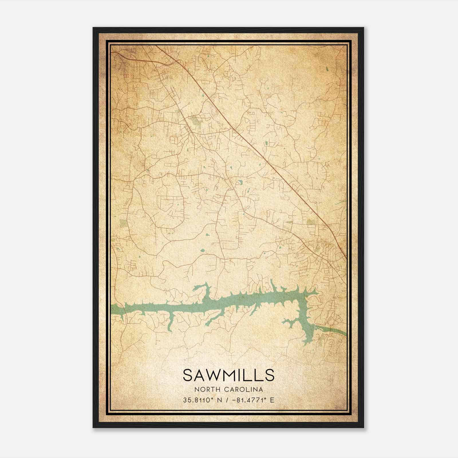 Vintage Sawmills North Carolina Map Poster, Modern Home Decor Wall Art Print