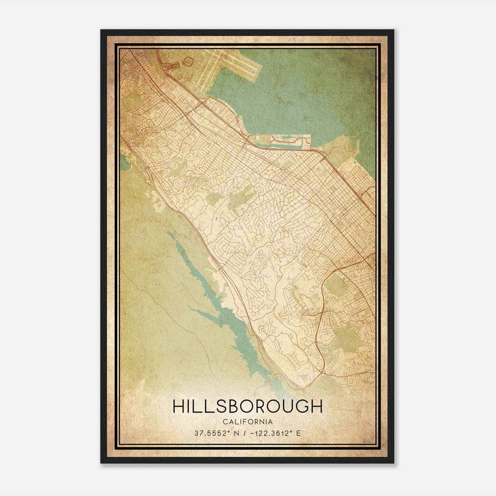 Vintage Hillsborough California Map Poster, Modern Home Decor Wall Art Print