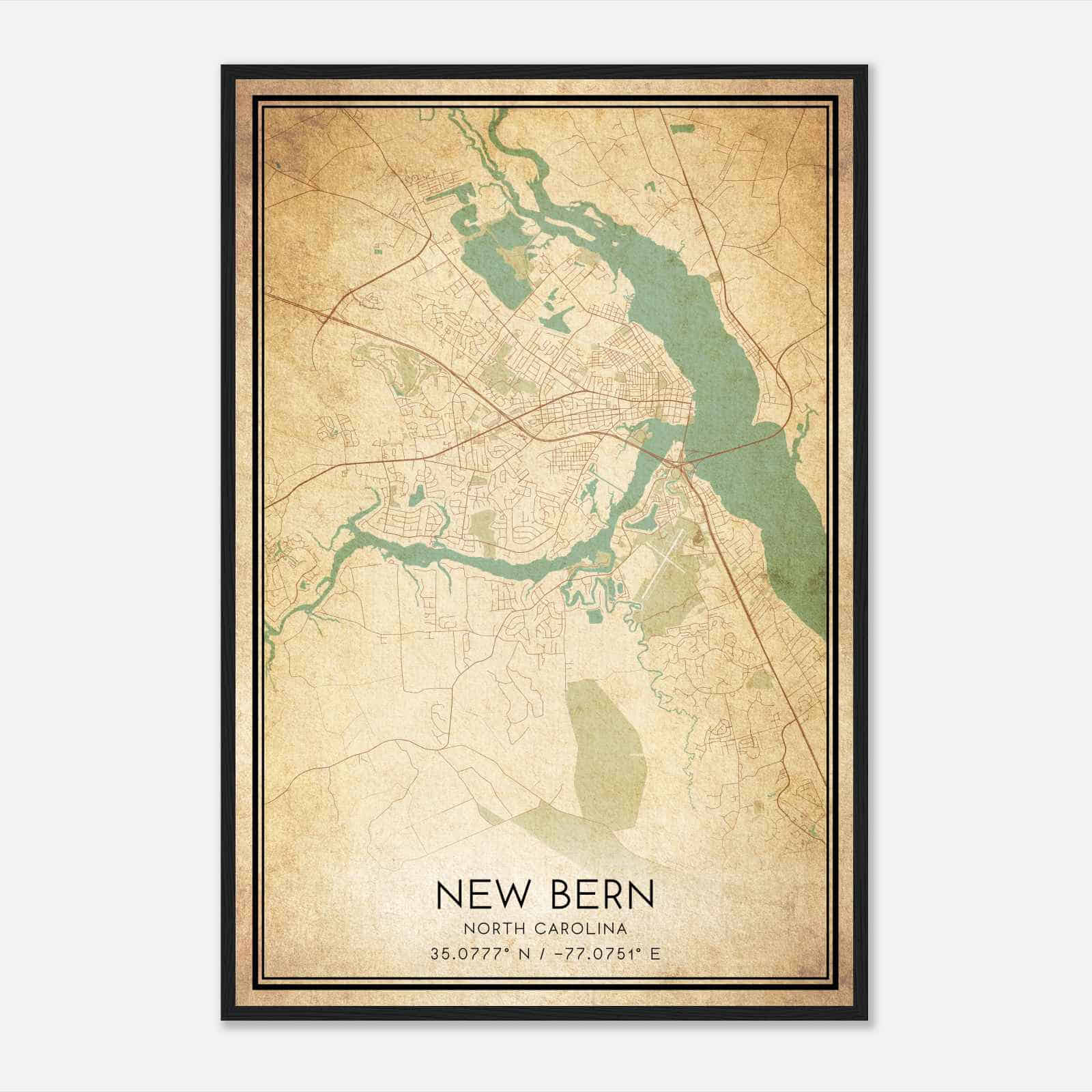 Vintage New Bern North Carolina Map Poster, Modern Home Decor Wall Art Print