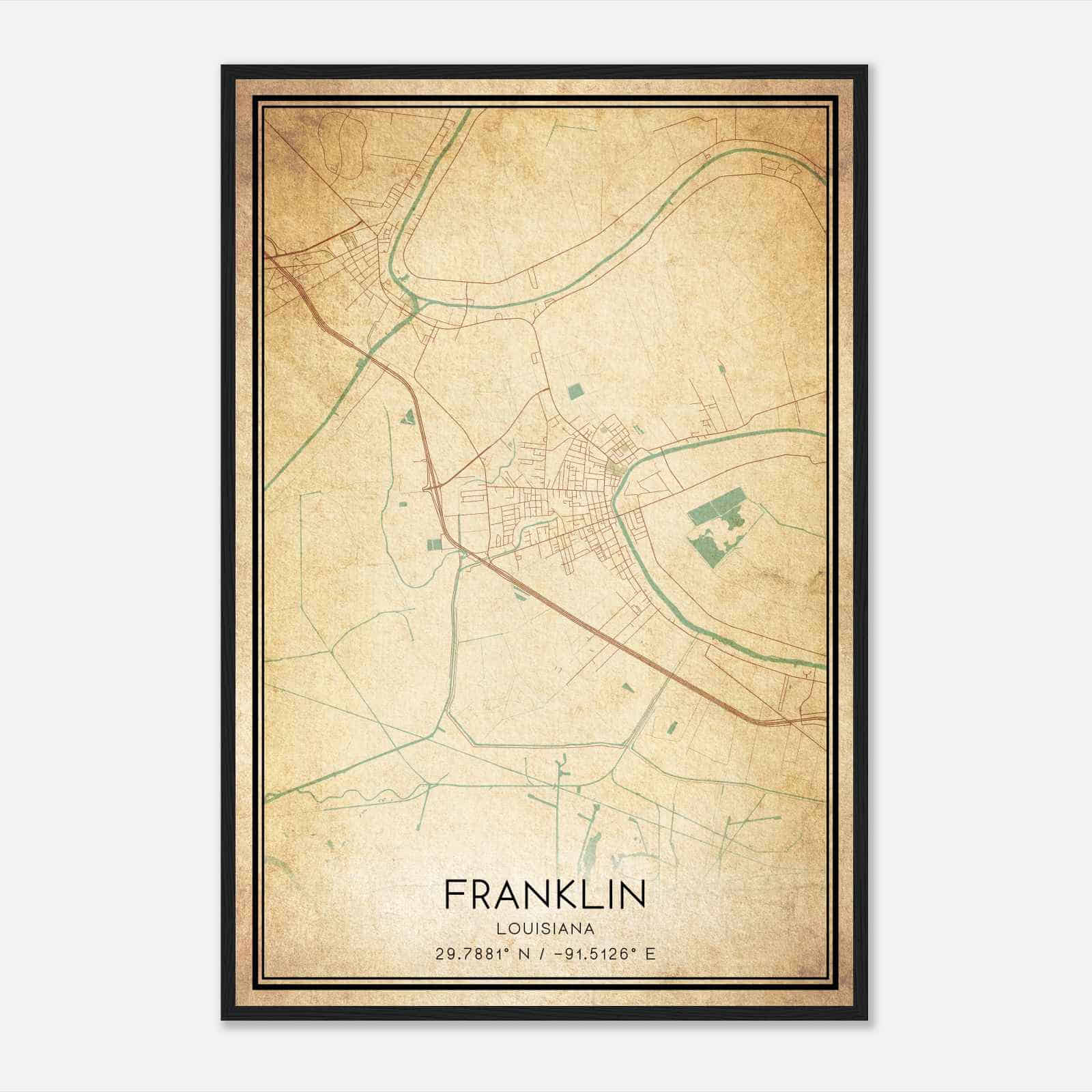 Vintage Franklin Louisiana Map Poster, Modern Home Decor Wall Art Print