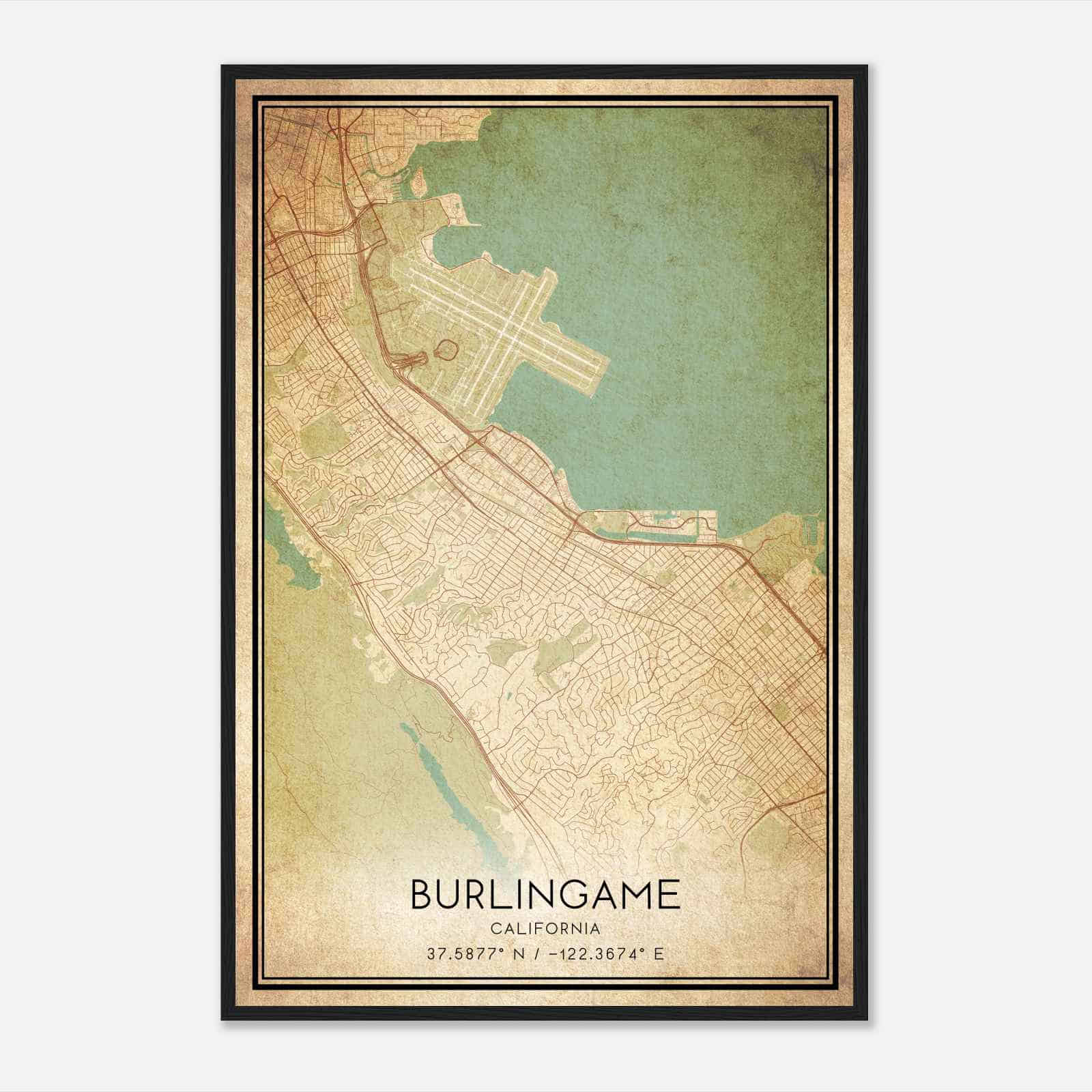 Vintage Burlingame California Map Poster, Modern Home Decor Wall Art Print Vintage Burlingame California Map Poster, Modern Home Decor Wall Art Print