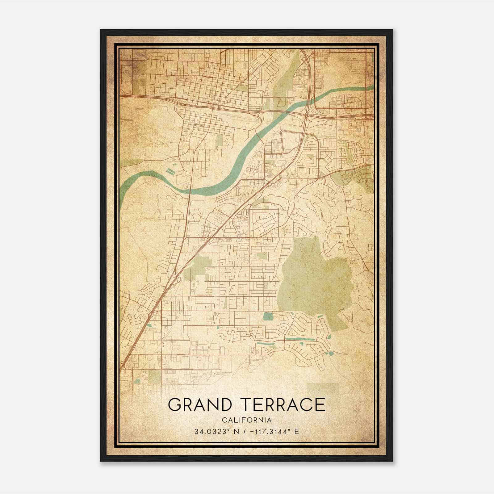 Vintage Grand Terrace California Map Poster, Modern Home Decor Wall Art Print