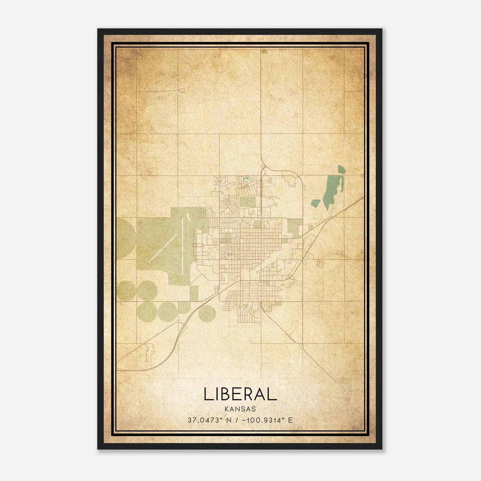 Vintage Liberal Kansas Map Poster, Modern Home Decor Wall Art Print