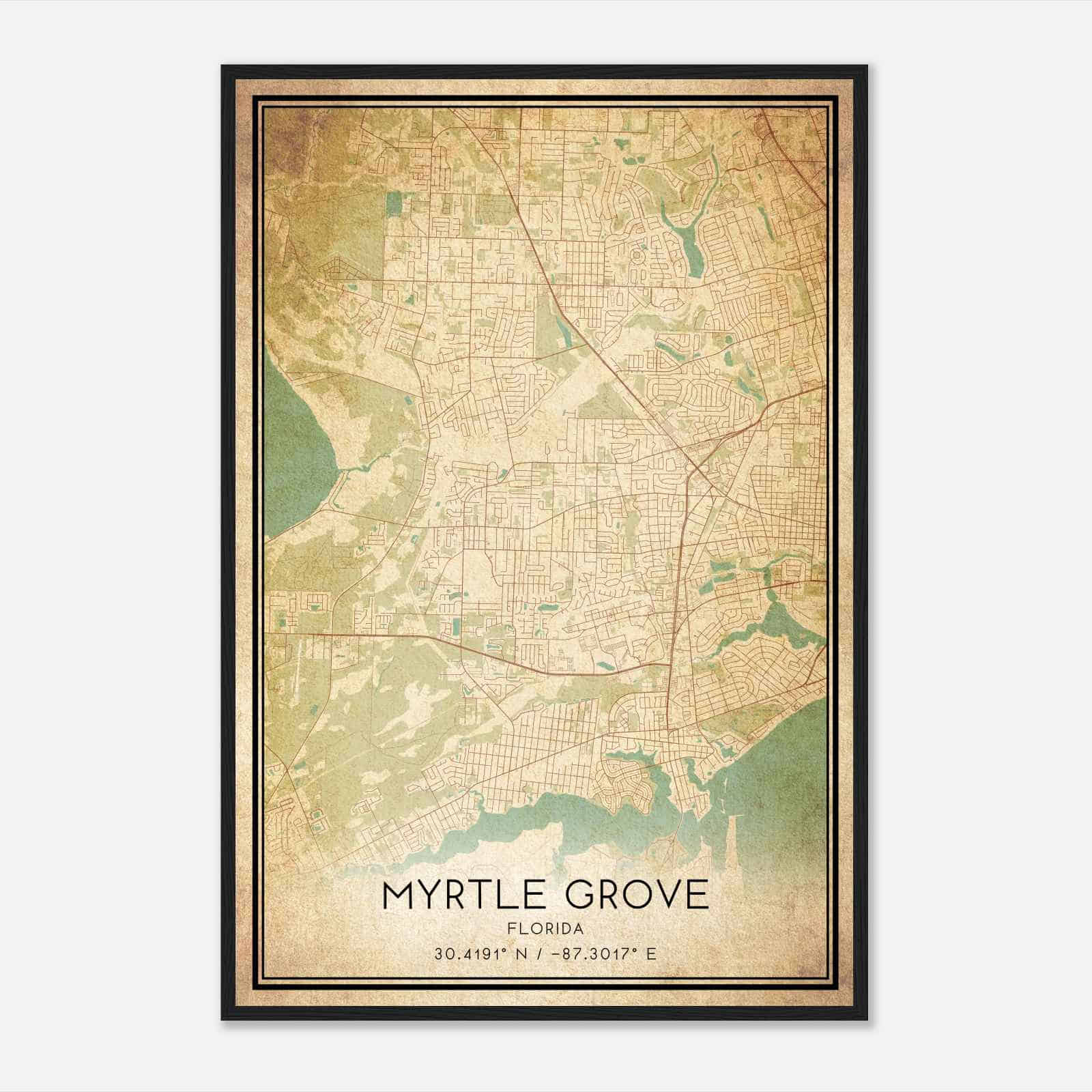Vintage Myrtle Grove Florida Map Poster, Modern Home Decor Wall Art Print