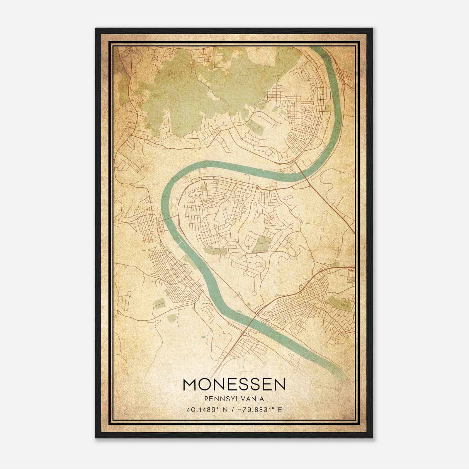 Vintage Monessen Pennsylvania Map Poster, Modern Home Decor Wall Art Print