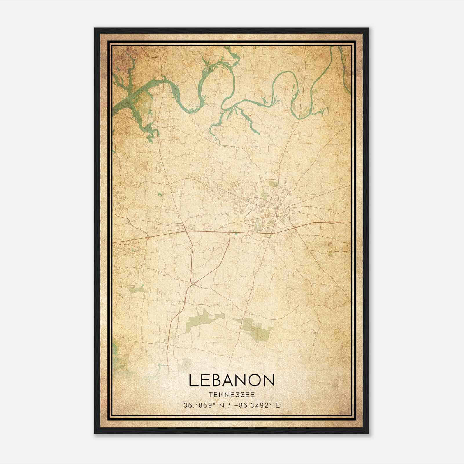 Vintage Lebanon Tennessee Map Poster, Modern Home Decor Wall Art Print