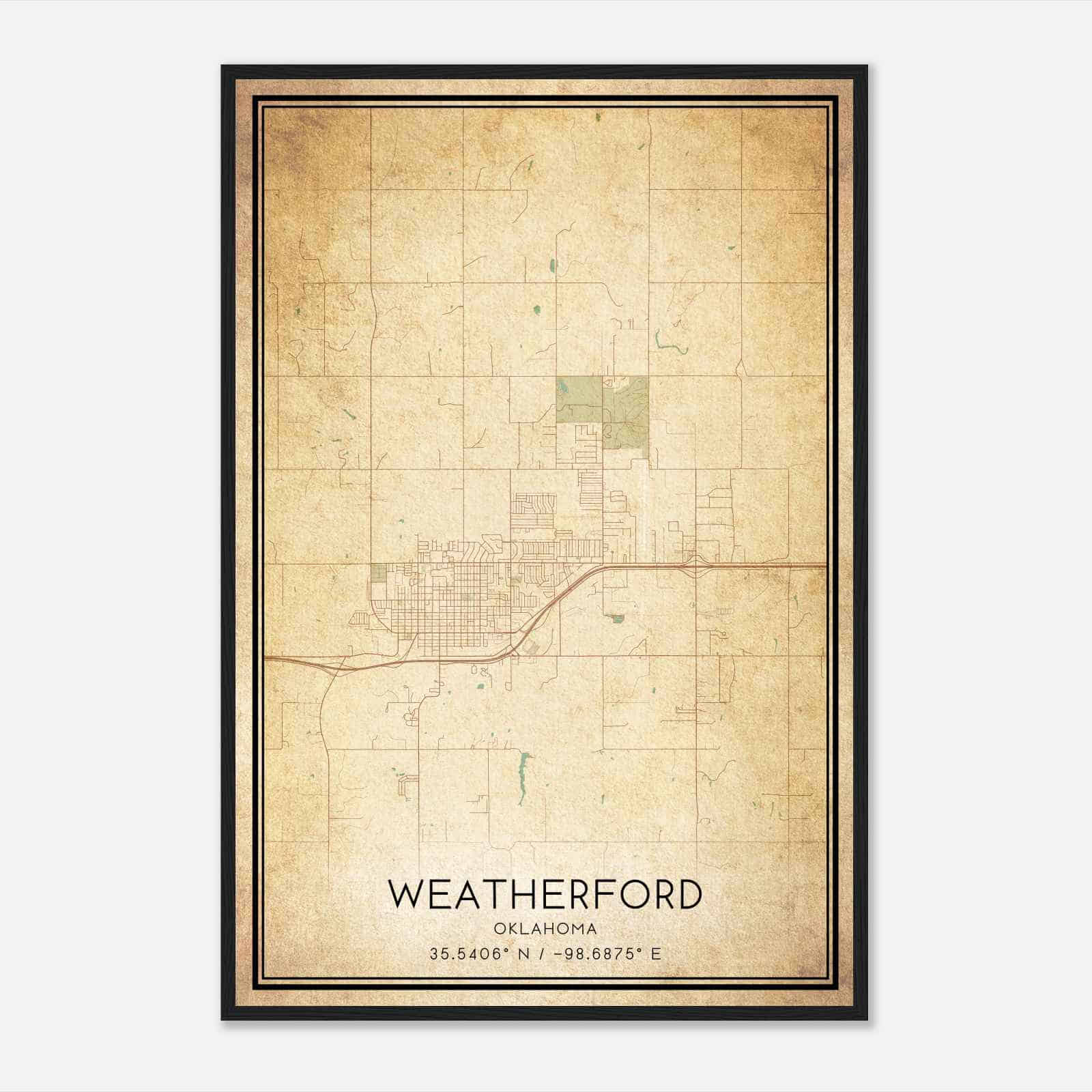 Vintage Weatherford Oklahoma Map Poster, Modern Home Decor Wall Art Print