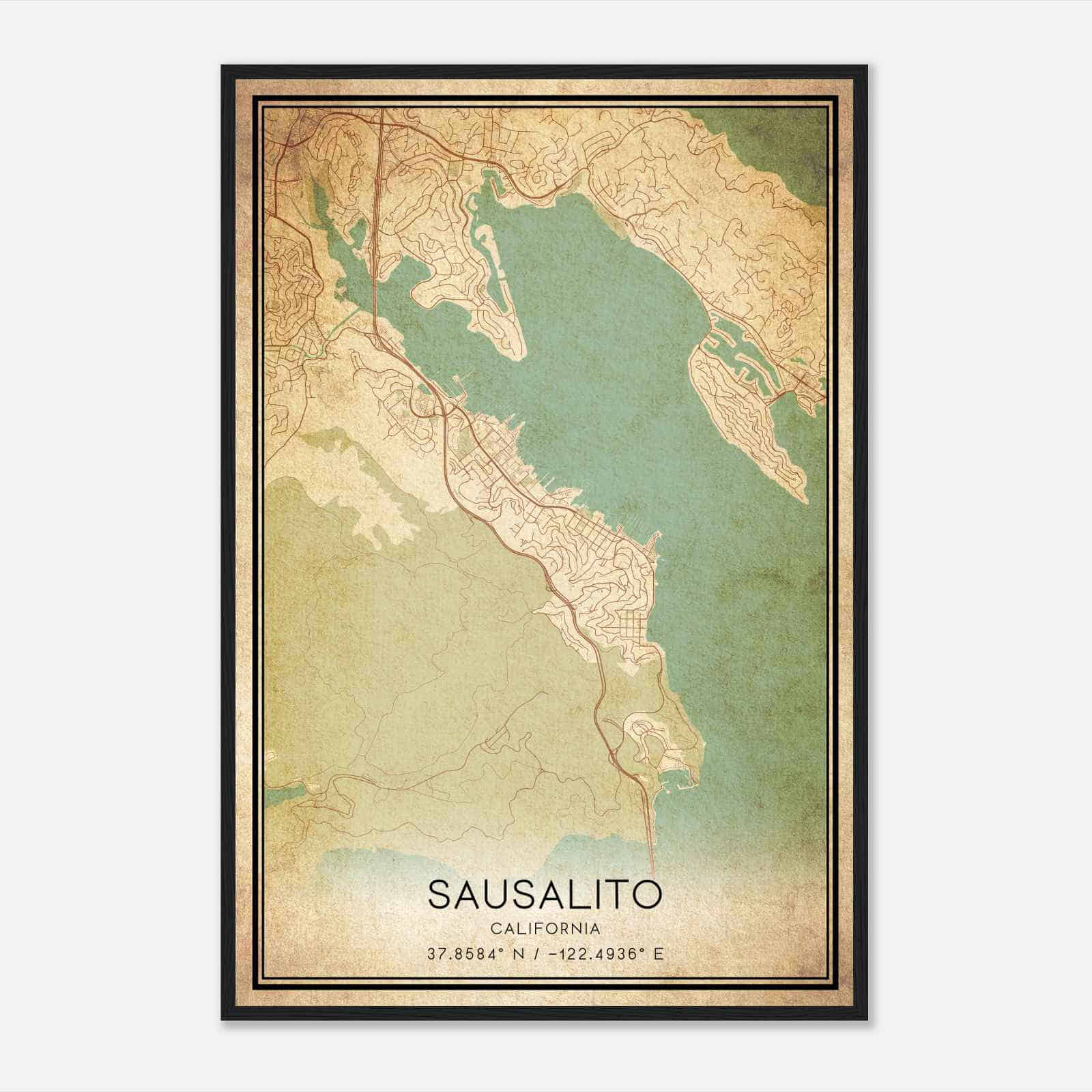 Vintage Sausalito California Map Poster, Modern Home Decor Wall Art Print