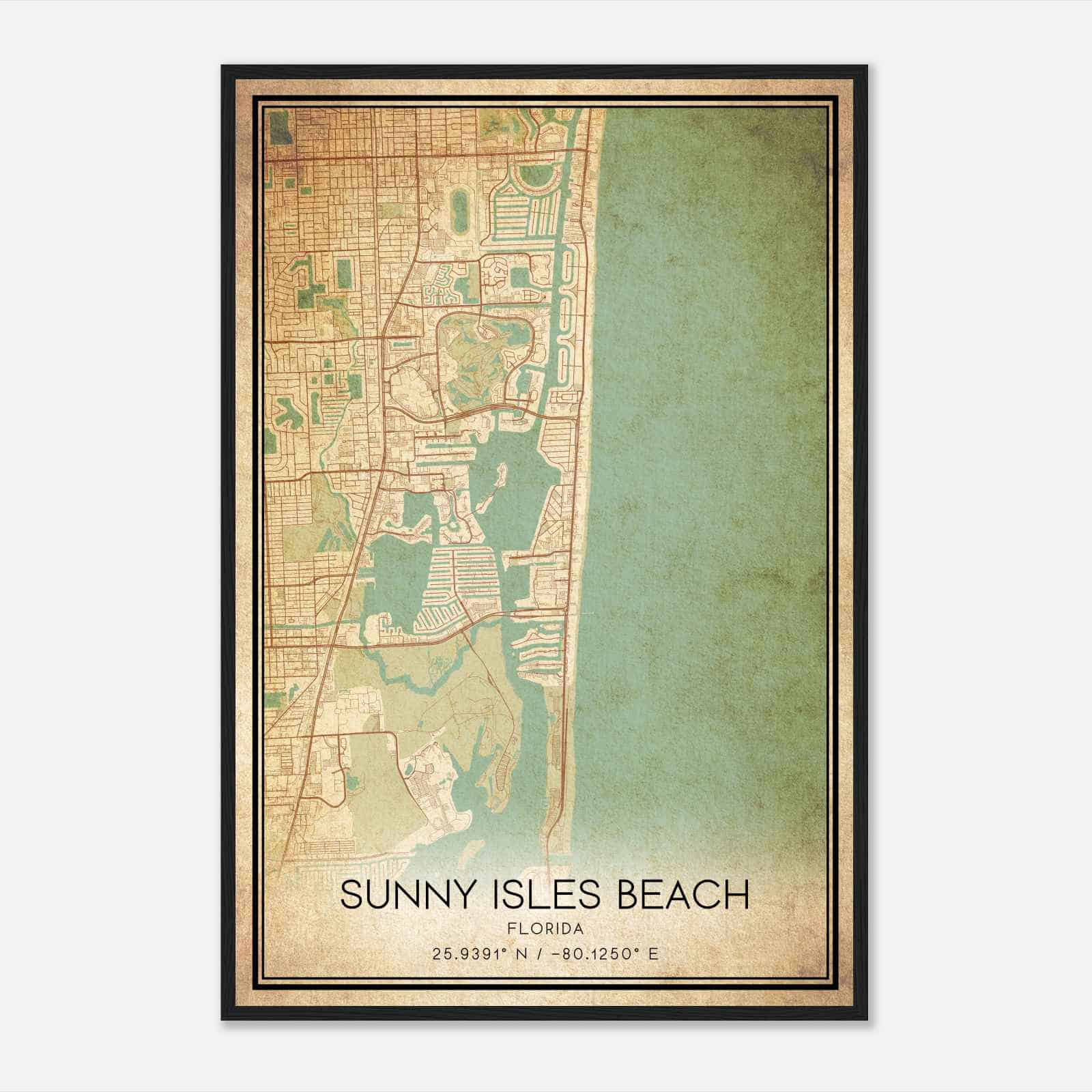Vintage Sunny Isles Beach Florida Map Poster, Modern Home Decor Wall Art Print